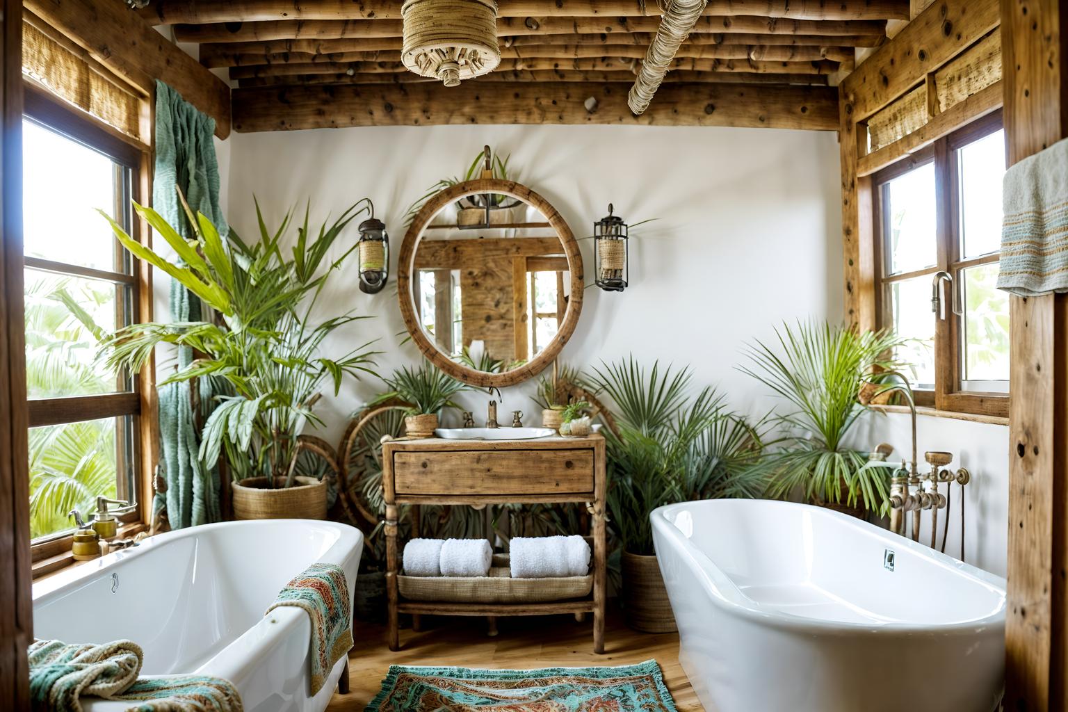 bohemian-style (hotel bathroom interior) with bathroom cabinet and shower and bath towel and bathroom sink with faucet and bath rail and waste basket and toilet seat and plant. . with playful textures and natural materials and a lack of structure and animal hides and woods and carefree layers of pattern, texture, and color and playful patterns and playful colors. . cinematic photo, highly detailed, cinematic lighting, ultra-detailed, ultrarealistic, photorealism, 8k. bohemian interior design style. masterpiece, cinematic light, ultrarealistic+, photorealistic+, 8k, raw photo, realistic, sharp focus on eyes, (symmetrical eyes), (intact eyes), hyperrealistic, highest quality, best quality, , highly detailed, masterpiece, best quality, extremely detailed 8k wallpaper, masterpiece, best quality, ultra-detailed, best shadow, detailed background, detailed face, detailed eyes, high contrast, best illumination, detailed face, dulux, caustic, dynamic angle, detailed glow. dramatic lighting. highly detailed, insanely detailed hair, symmetrical, intricate details, professionally retouched, 8k high definition. strong bokeh. award winning photo.