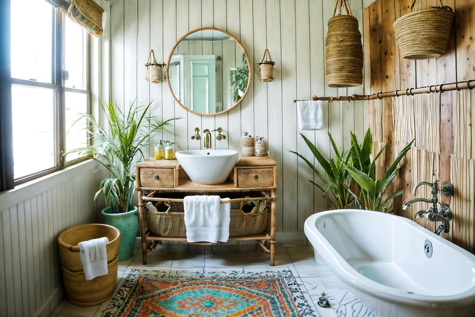 bohemian-style (hotel bathroom interior) with bathroom cabinet and shower and bath towel and bathroom sink with faucet and bath rail and waste basket and toilet seat and plant. . with playful textures and natural materials and a lack of structure and animal hides and woods and carefree layers of pattern, texture, and color and playful patterns and playful colors. . cinematic photo, highly detailed, cinematic lighting, ultra-detailed, ultrarealistic, photorealism, 8k. bohemian interior design style. masterpiece, cinematic light, ultrarealistic+, photorealistic+, 8k, raw photo, realistic, sharp focus on eyes, (symmetrical eyes), (intact eyes), hyperrealistic, highest quality, best quality, , highly detailed, masterpiece, best quality, extremely detailed 8k wallpaper, masterpiece, best quality, ultra-detailed, best shadow, detailed background, detailed face, detailed eyes, high contrast, best illumination, detailed face, dulux, caustic, dynamic angle, detailed glow. dramatic lighting. highly detailed, insanely detailed hair, symmetrical, intricate details, professionally retouched, 8k high definition. strong bokeh. award winning photo.