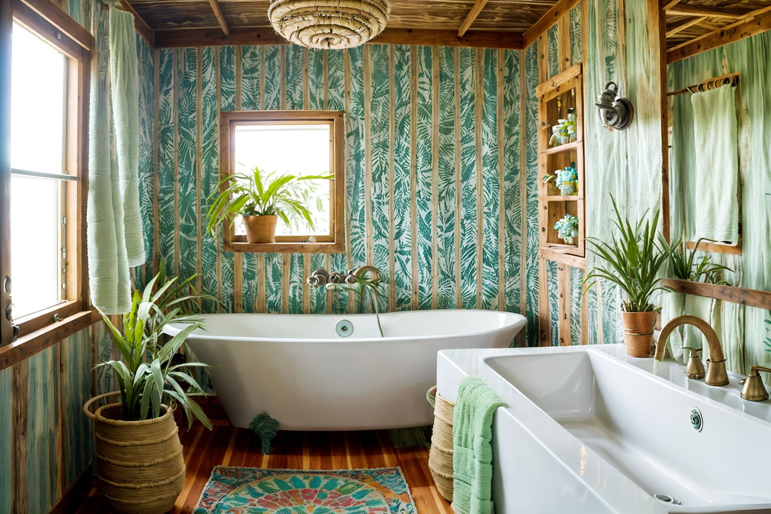 bohemian-style (hotel bathroom interior) with bathroom cabinet and shower and bath towel and bathroom sink with faucet and bath rail and waste basket and toilet seat and plant. . with playful textures and natural materials and a lack of structure and animal hides and woods and carefree layers of pattern, texture, and color and playful patterns and playful colors. . cinematic photo, highly detailed, cinematic lighting, ultra-detailed, ultrarealistic, photorealism, 8k. bohemian interior design style. masterpiece, cinematic light, ultrarealistic+, photorealistic+, 8k, raw photo, realistic, sharp focus on eyes, (symmetrical eyes), (intact eyes), hyperrealistic, highest quality, best quality, , highly detailed, masterpiece, best quality, extremely detailed 8k wallpaper, masterpiece, best quality, ultra-detailed, best shadow, detailed background, detailed face, detailed eyes, high contrast, best illumination, detailed face, dulux, caustic, dynamic angle, detailed glow. dramatic lighting. highly detailed, insanely detailed hair, symmetrical, intricate details, professionally retouched, 8k high definition. strong bokeh. award winning photo.