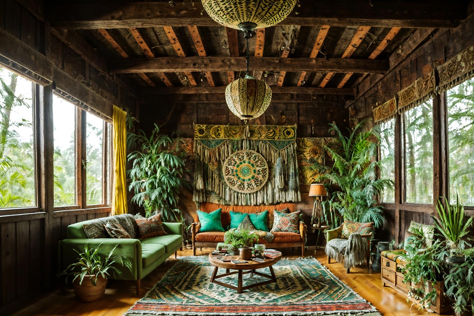 bohemian-style (exhibition space interior) . with animal hides and mixed patterns and playful textures and natural materials and lush green nature and woods and playful colors and carefree layers of pattern, texture, and color. . cinematic photo, highly detailed, cinematic lighting, ultra-detailed, ultrarealistic, photorealism, 8k. bohemian interior design style. masterpiece, cinematic light, ultrarealistic+, photorealistic+, 8k, raw photo, realistic, sharp focus on eyes, (symmetrical eyes), (intact eyes), hyperrealistic, highest quality, best quality, , highly detailed, masterpiece, best quality, extremely detailed 8k wallpaper, masterpiece, best quality, ultra-detailed, best shadow, detailed background, detailed face, detailed eyes, high contrast, best illumination, detailed face, dulux, caustic, dynamic angle, detailed glow. dramatic lighting. highly detailed, insanely detailed hair, symmetrical, intricate details, professionally retouched, 8k high definition. strong bokeh. award winning photo.