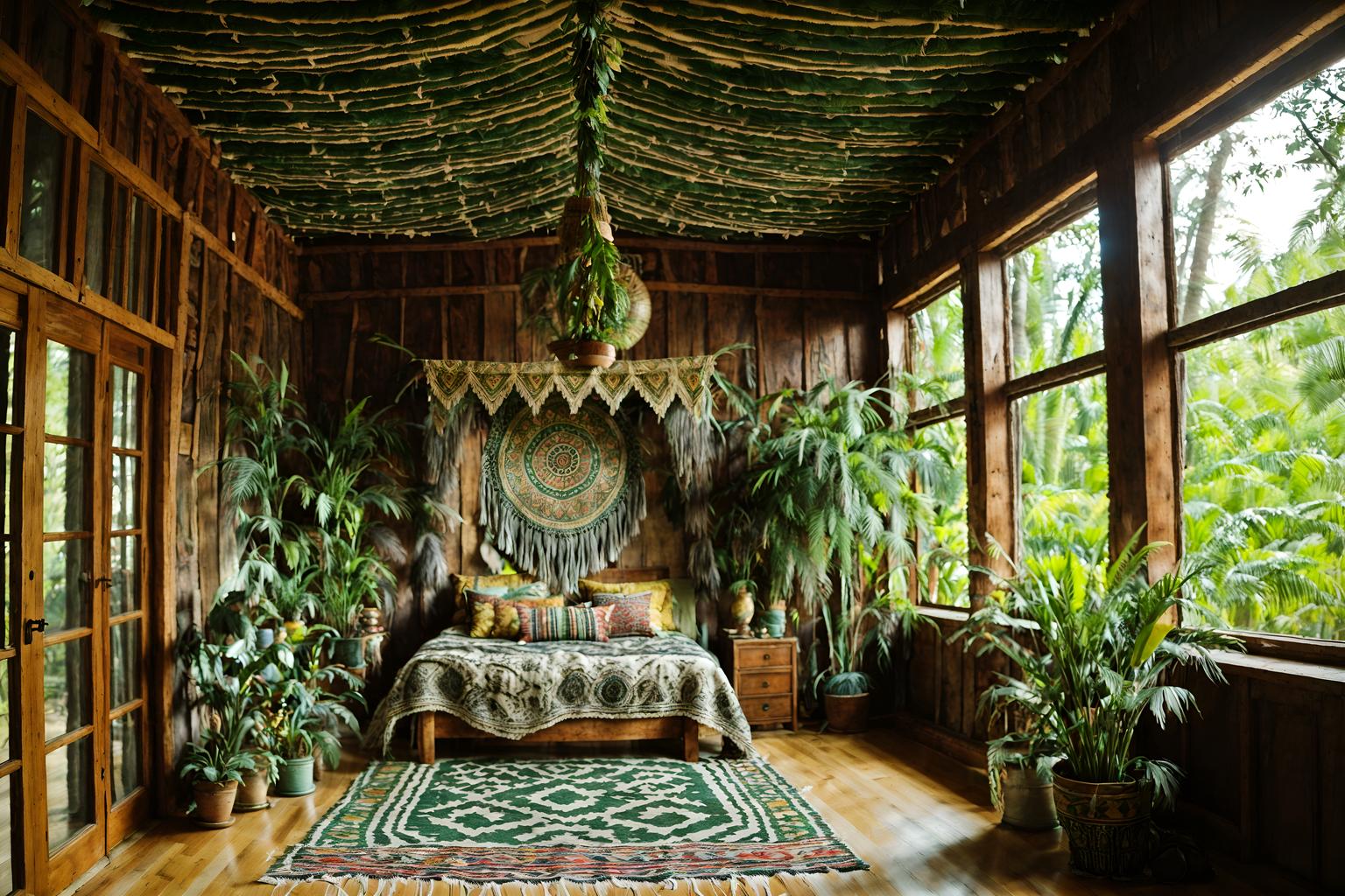 bohemian-style (exhibition space interior) . with animal hides and mixed patterns and playful textures and natural materials and lush green nature and woods and playful colors and carefree layers of pattern, texture, and color. . cinematic photo, highly detailed, cinematic lighting, ultra-detailed, ultrarealistic, photorealism, 8k. bohemian interior design style. masterpiece, cinematic light, ultrarealistic+, photorealistic+, 8k, raw photo, realistic, sharp focus on eyes, (symmetrical eyes), (intact eyes), hyperrealistic, highest quality, best quality, , highly detailed, masterpiece, best quality, extremely detailed 8k wallpaper, masterpiece, best quality, ultra-detailed, best shadow, detailed background, detailed face, detailed eyes, high contrast, best illumination, detailed face, dulux, caustic, dynamic angle, detailed glow. dramatic lighting. highly detailed, insanely detailed hair, symmetrical, intricate details, professionally retouched, 8k high definition. strong bokeh. award winning photo.