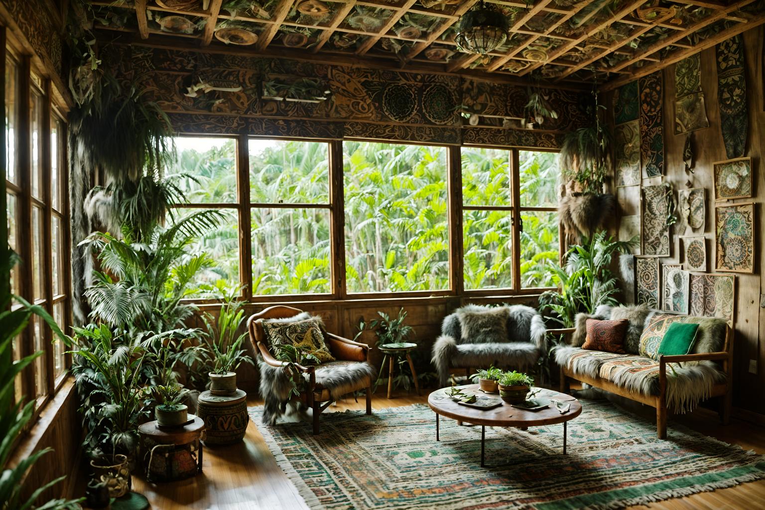 bohemian-style (exhibition space interior) . with animal hides and mixed patterns and playful textures and natural materials and lush green nature and woods and playful colors and carefree layers of pattern, texture, and color. . cinematic photo, highly detailed, cinematic lighting, ultra-detailed, ultrarealistic, photorealism, 8k. bohemian interior design style. masterpiece, cinematic light, ultrarealistic+, photorealistic+, 8k, raw photo, realistic, sharp focus on eyes, (symmetrical eyes), (intact eyes), hyperrealistic, highest quality, best quality, , highly detailed, masterpiece, best quality, extremely detailed 8k wallpaper, masterpiece, best quality, ultra-detailed, best shadow, detailed background, detailed face, detailed eyes, high contrast, best illumination, detailed face, dulux, caustic, dynamic angle, detailed glow. dramatic lighting. highly detailed, insanely detailed hair, symmetrical, intricate details, professionally retouched, 8k high definition. strong bokeh. award winning photo.