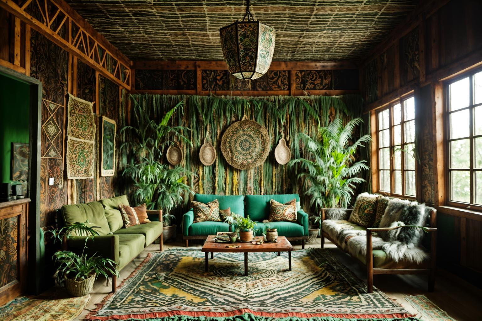 bohemian-style (exhibition space interior) . with animal hides and mixed patterns and playful textures and natural materials and lush green nature and woods and playful colors and carefree layers of pattern, texture, and color. . cinematic photo, highly detailed, cinematic lighting, ultra-detailed, ultrarealistic, photorealism, 8k. bohemian interior design style. masterpiece, cinematic light, ultrarealistic+, photorealistic+, 8k, raw photo, realistic, sharp focus on eyes, (symmetrical eyes), (intact eyes), hyperrealistic, highest quality, best quality, , highly detailed, masterpiece, best quality, extremely detailed 8k wallpaper, masterpiece, best quality, ultra-detailed, best shadow, detailed background, detailed face, detailed eyes, high contrast, best illumination, detailed face, dulux, caustic, dynamic angle, detailed glow. dramatic lighting. highly detailed, insanely detailed hair, symmetrical, intricate details, professionally retouched, 8k high definition. strong bokeh. award winning photo.