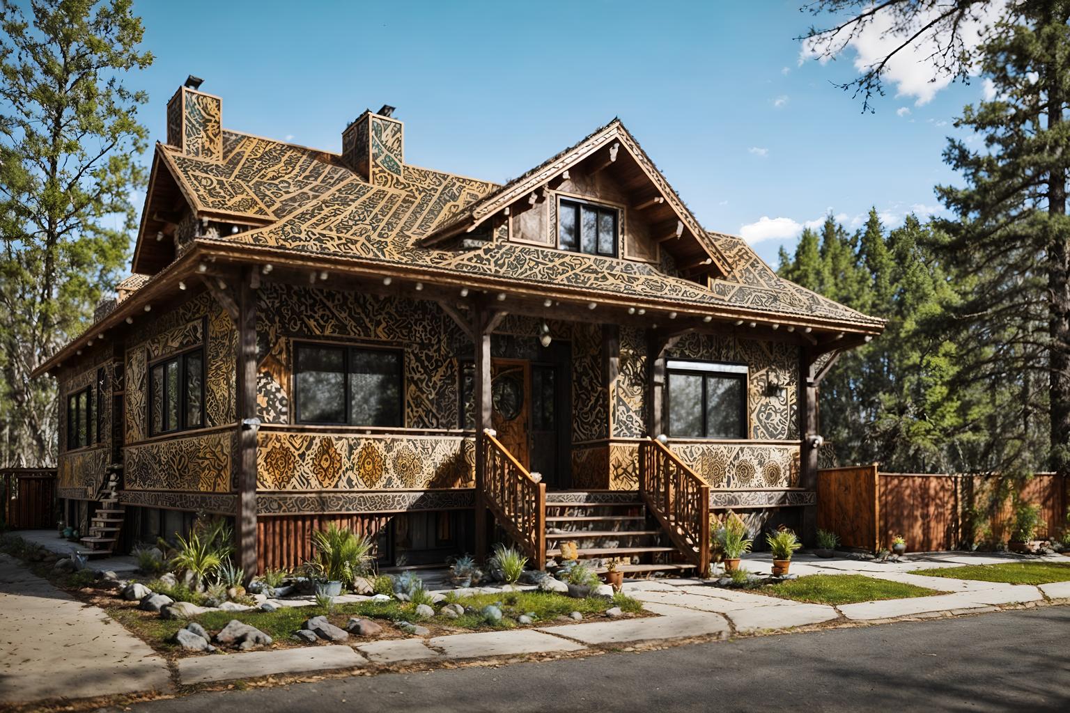 bohemian-style exterior designed (house exterior exterior) . with playful patterns and animal hides and bold patterns and mixed patterns and playful textures and woods and natural materials and carefree layers of pattern, texture, and color. . cinematic photo, highly detailed, cinematic lighting, ultra-detailed, ultrarealistic, photorealism, 8k. bohemian exterior design style. masterpiece, cinematic light, ultrarealistic+, photorealistic+, 8k, raw photo, realistic, sharp focus on eyes, (symmetrical eyes), (intact eyes), hyperrealistic, highest quality, best quality, , highly detailed, masterpiece, best quality, extremely detailed 8k wallpaper, masterpiece, best quality, ultra-detailed, best shadow, detailed background, detailed face, detailed eyes, high contrast, best illumination, detailed face, dulux, caustic, dynamic angle, detailed glow. dramatic lighting. highly detailed, insanely detailed hair, symmetrical, intricate details, professionally retouched, 8k high definition. strong bokeh. award winning photo.