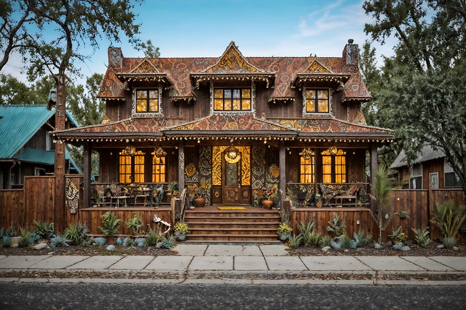 bohemian-style exterior designed (house exterior exterior) . with playful patterns and animal hides and bold patterns and mixed patterns and playful textures and woods and natural materials and carefree layers of pattern, texture, and color. . cinematic photo, highly detailed, cinematic lighting, ultra-detailed, ultrarealistic, photorealism, 8k. bohemian exterior design style. masterpiece, cinematic light, ultrarealistic+, photorealistic+, 8k, raw photo, realistic, sharp focus on eyes, (symmetrical eyes), (intact eyes), hyperrealistic, highest quality, best quality, , highly detailed, masterpiece, best quality, extremely detailed 8k wallpaper, masterpiece, best quality, ultra-detailed, best shadow, detailed background, detailed face, detailed eyes, high contrast, best illumination, detailed face, dulux, caustic, dynamic angle, detailed glow. dramatic lighting. highly detailed, insanely detailed hair, symmetrical, intricate details, professionally retouched, 8k high definition. strong bokeh. award winning photo.