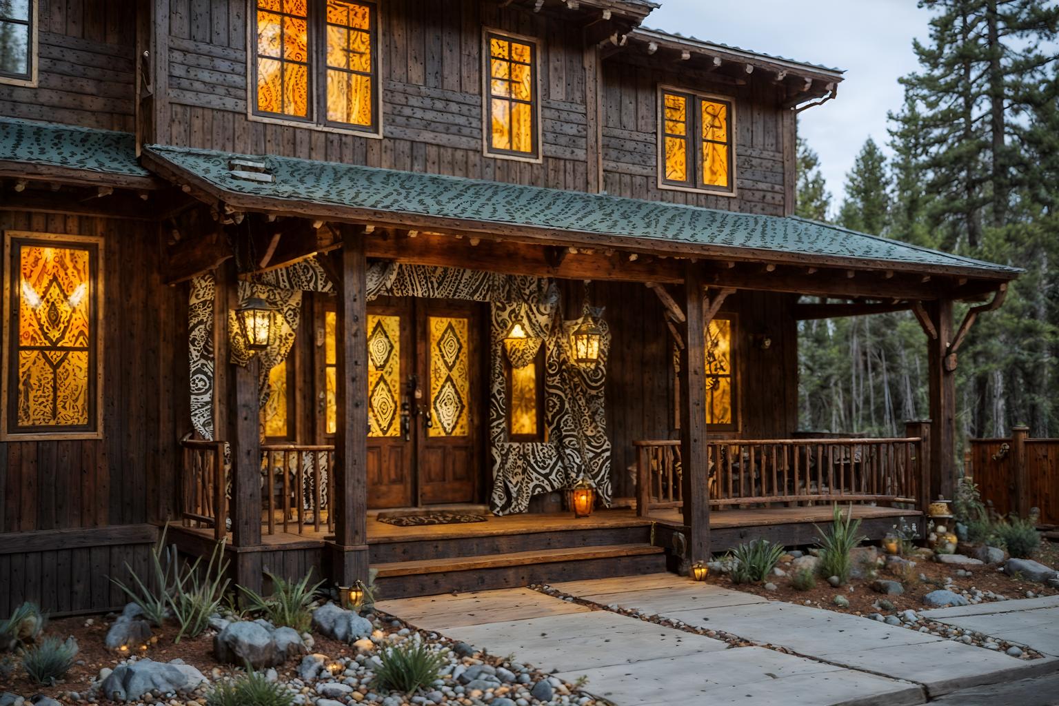 bohemian-style exterior designed (house exterior exterior) . with playful patterns and animal hides and bold patterns and mixed patterns and playful textures and woods and natural materials and carefree layers of pattern, texture, and color. . cinematic photo, highly detailed, cinematic lighting, ultra-detailed, ultrarealistic, photorealism, 8k. bohemian exterior design style. masterpiece, cinematic light, ultrarealistic+, photorealistic+, 8k, raw photo, realistic, sharp focus on eyes, (symmetrical eyes), (intact eyes), hyperrealistic, highest quality, best quality, , highly detailed, masterpiece, best quality, extremely detailed 8k wallpaper, masterpiece, best quality, ultra-detailed, best shadow, detailed background, detailed face, detailed eyes, high contrast, best illumination, detailed face, dulux, caustic, dynamic angle, detailed glow. dramatic lighting. highly detailed, insanely detailed hair, symmetrical, intricate details, professionally retouched, 8k high definition. strong bokeh. award winning photo.