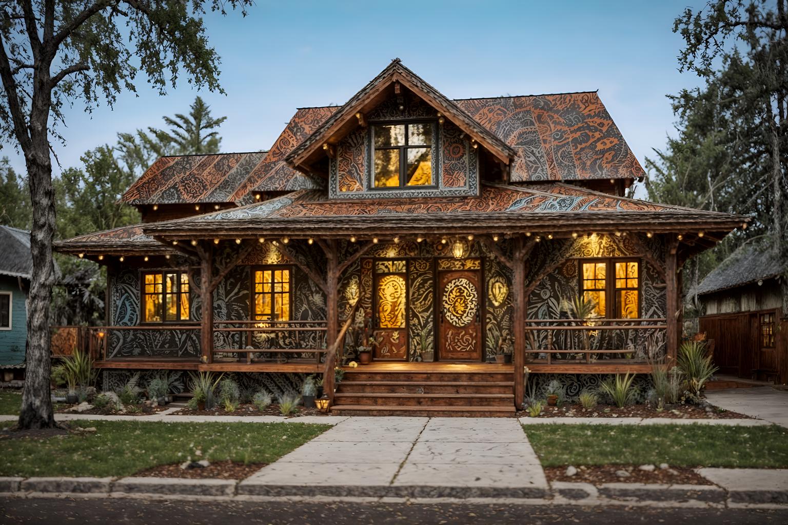 bohemian-style exterior designed (house exterior exterior) . with playful patterns and animal hides and bold patterns and mixed patterns and playful textures and woods and natural materials and carefree layers of pattern, texture, and color. . cinematic photo, highly detailed, cinematic lighting, ultra-detailed, ultrarealistic, photorealism, 8k. bohemian exterior design style. masterpiece, cinematic light, ultrarealistic+, photorealistic+, 8k, raw photo, realistic, sharp focus on eyes, (symmetrical eyes), (intact eyes), hyperrealistic, highest quality, best quality, , highly detailed, masterpiece, best quality, extremely detailed 8k wallpaper, masterpiece, best quality, ultra-detailed, best shadow, detailed background, detailed face, detailed eyes, high contrast, best illumination, detailed face, dulux, caustic, dynamic angle, detailed glow. dramatic lighting. highly detailed, insanely detailed hair, symmetrical, intricate details, professionally retouched, 8k high definition. strong bokeh. award winning photo.