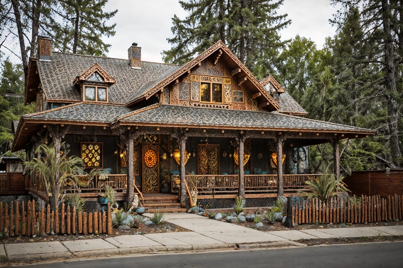 bohemian-style exterior designed (house exterior exterior) . with playful patterns and animal hides and bold patterns and mixed patterns and playful textures and woods and natural materials and carefree layers of pattern, texture, and color. . cinematic photo, highly detailed, cinematic lighting, ultra-detailed, ultrarealistic, photorealism, 8k. bohemian exterior design style. masterpiece, cinematic light, ultrarealistic+, photorealistic+, 8k, raw photo, realistic, sharp focus on eyes, (symmetrical eyes), (intact eyes), hyperrealistic, highest quality, best quality, , highly detailed, masterpiece, best quality, extremely detailed 8k wallpaper, masterpiece, best quality, ultra-detailed, best shadow, detailed background, detailed face, detailed eyes, high contrast, best illumination, detailed face, dulux, caustic, dynamic angle, detailed glow. dramatic lighting. highly detailed, insanely detailed hair, symmetrical, intricate details, professionally retouched, 8k high definition. strong bokeh. award winning photo.