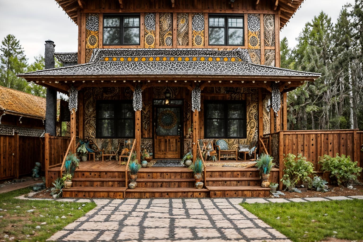 bohemian-style exterior designed (house exterior exterior) . with playful patterns and animal hides and bold patterns and mixed patterns and playful textures and woods and natural materials and carefree layers of pattern, texture, and color. . cinematic photo, highly detailed, cinematic lighting, ultra-detailed, ultrarealistic, photorealism, 8k. bohemian exterior design style. masterpiece, cinematic light, ultrarealistic+, photorealistic+, 8k, raw photo, realistic, sharp focus on eyes, (symmetrical eyes), (intact eyes), hyperrealistic, highest quality, best quality, , highly detailed, masterpiece, best quality, extremely detailed 8k wallpaper, masterpiece, best quality, ultra-detailed, best shadow, detailed background, detailed face, detailed eyes, high contrast, best illumination, detailed face, dulux, caustic, dynamic angle, detailed glow. dramatic lighting. highly detailed, insanely detailed hair, symmetrical, intricate details, professionally retouched, 8k high definition. strong bokeh. award winning photo.