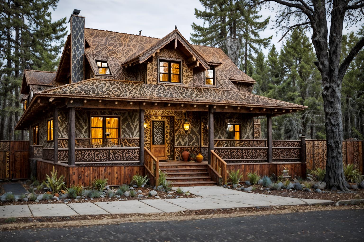 bohemian-style exterior designed (house exterior exterior) . with playful patterns and animal hides and bold patterns and mixed patterns and playful textures and woods and natural materials and carefree layers of pattern, texture, and color. . cinematic photo, highly detailed, cinematic lighting, ultra-detailed, ultrarealistic, photorealism, 8k. bohemian exterior design style. masterpiece, cinematic light, ultrarealistic+, photorealistic+, 8k, raw photo, realistic, sharp focus on eyes, (symmetrical eyes), (intact eyes), hyperrealistic, highest quality, best quality, , highly detailed, masterpiece, best quality, extremely detailed 8k wallpaper, masterpiece, best quality, ultra-detailed, best shadow, detailed background, detailed face, detailed eyes, high contrast, best illumination, detailed face, dulux, caustic, dynamic angle, detailed glow. dramatic lighting. highly detailed, insanely detailed hair, symmetrical, intricate details, professionally retouched, 8k high definition. strong bokeh. award winning photo.