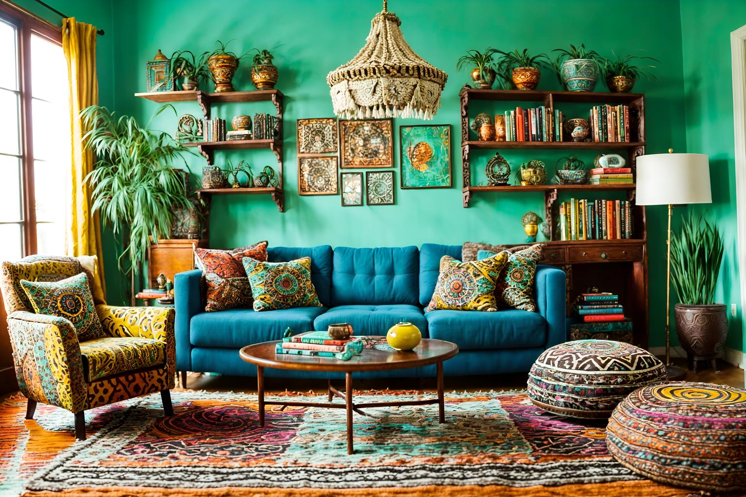 Bohemian-style Living Room Interior With Coffee Tables And Rug And Sofa ...