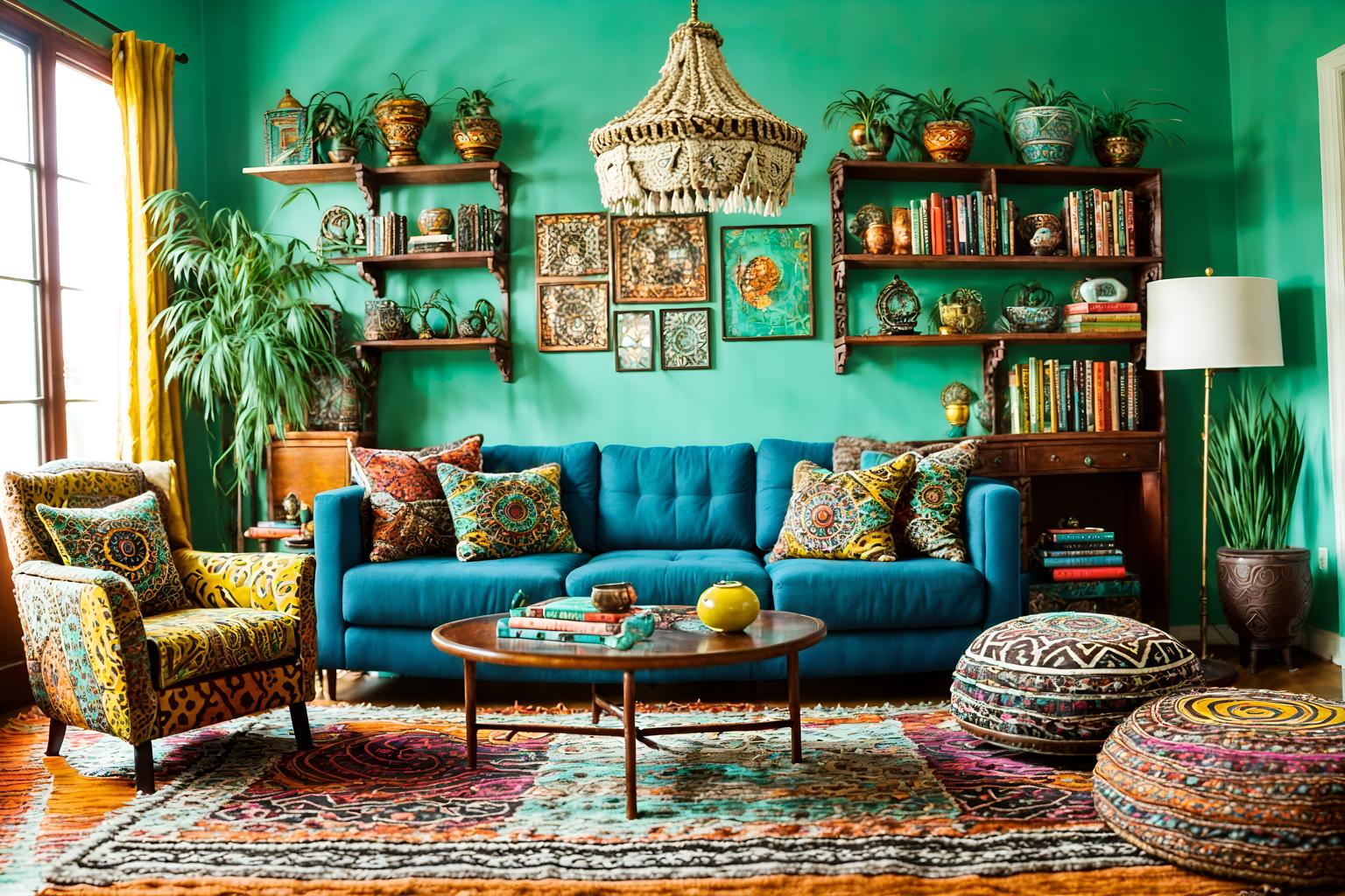 bohemian-style (living room interior) with coffee tables and rug and sofa and bookshelves and occasional tables and televisions and furniture and electric lamps. . with travel trinkets and carefree layers of pattern, texture, and color and animal hides and playful textures and bold colors and bold patterns and playful colors and mixed patterns. . cinematic photo, highly detailed, cinematic lighting, ultra-detailed, ultrarealistic, photorealism, 8k. bohemian interior design style. masterpiece, cinematic light, ultrarealistic+, photorealistic+, 8k, raw photo, realistic, sharp focus on eyes, (symmetrical eyes), (intact eyes), hyperrealistic, highest quality, best quality, , highly detailed, masterpiece, best quality, extremely detailed 8k wallpaper, masterpiece, best quality, ultra-detailed, best shadow, detailed background, detailed face, detailed eyes, high contrast, best illumination, detailed face, dulux, caustic, dynamic angle, detailed glow. dramatic lighting. highly detailed, insanely detailed hair, symmetrical, intricate details, professionally retouched, 8k high definition. strong bokeh. award winning photo.