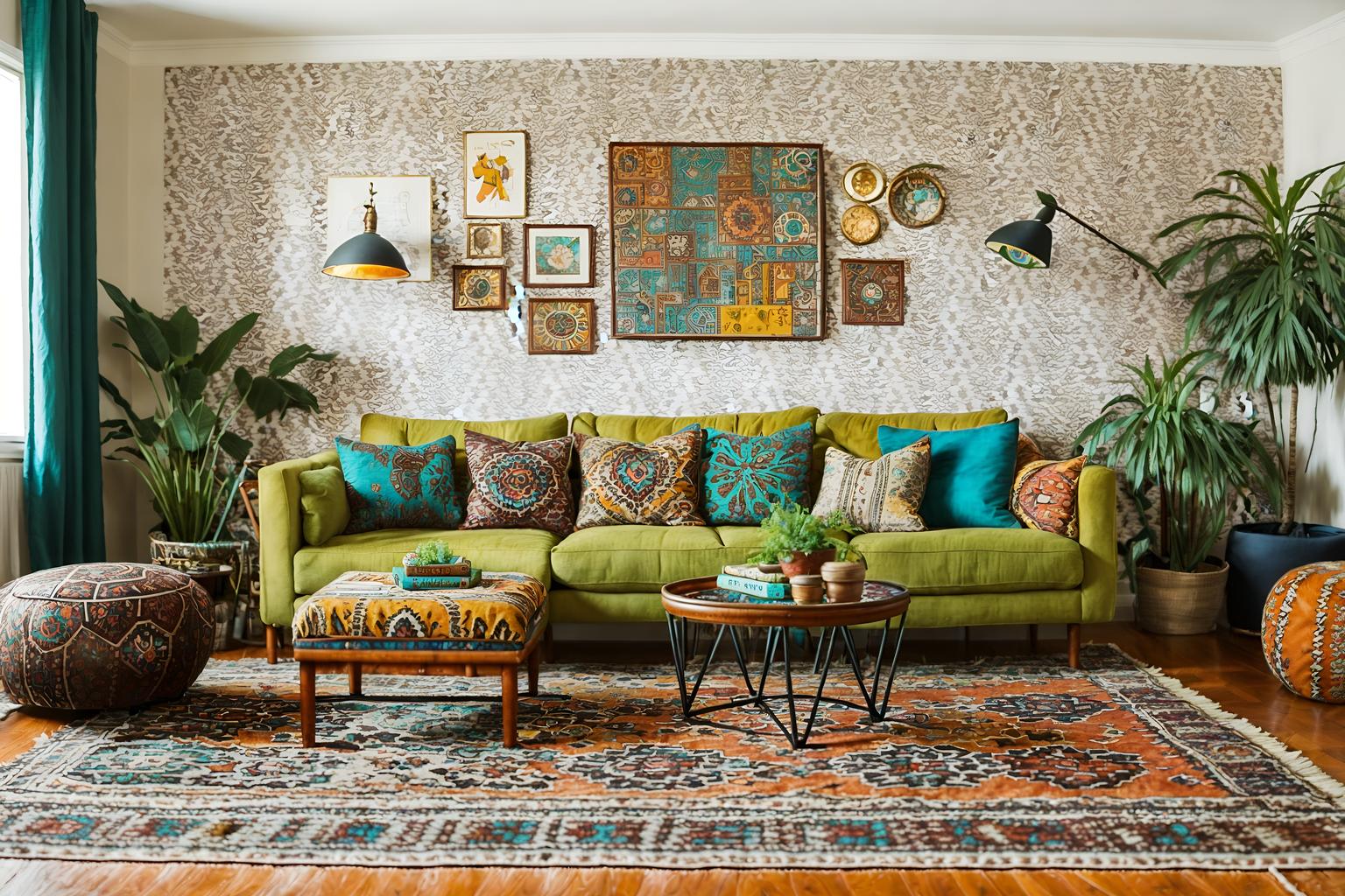 bohemian-style (living room interior) with coffee tables and rug and sofa and bookshelves and occasional tables and televisions and furniture and electric lamps. . with travel trinkets and carefree layers of pattern, texture, and color and animal hides and playful textures and bold colors and bold patterns and playful colors and mixed patterns. . cinematic photo, highly detailed, cinematic lighting, ultra-detailed, ultrarealistic, photorealism, 8k. bohemian interior design style. masterpiece, cinematic light, ultrarealistic+, photorealistic+, 8k, raw photo, realistic, sharp focus on eyes, (symmetrical eyes), (intact eyes), hyperrealistic, highest quality, best quality, , highly detailed, masterpiece, best quality, extremely detailed 8k wallpaper, masterpiece, best quality, ultra-detailed, best shadow, detailed background, detailed face, detailed eyes, high contrast, best illumination, detailed face, dulux, caustic, dynamic angle, detailed glow. dramatic lighting. highly detailed, insanely detailed hair, symmetrical, intricate details, professionally retouched, 8k high definition. strong bokeh. award winning photo.