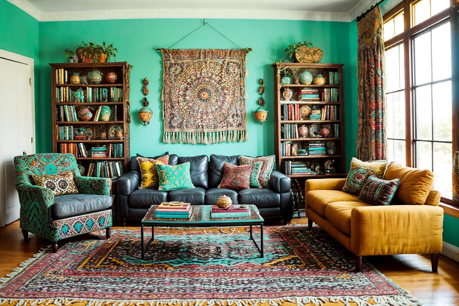 bohemian-style (living room interior) with coffee tables and rug and sofa and bookshelves and occasional tables and televisions and furniture and electric lamps. . with travel trinkets and carefree layers of pattern, texture, and color and animal hides and playful textures and bold colors and bold patterns and playful colors and mixed patterns. . cinematic photo, highly detailed, cinematic lighting, ultra-detailed, ultrarealistic, photorealism, 8k. bohemian interior design style. masterpiece, cinematic light, ultrarealistic+, photorealistic+, 8k, raw photo, realistic, sharp focus on eyes, (symmetrical eyes), (intact eyes), hyperrealistic, highest quality, best quality, , highly detailed, masterpiece, best quality, extremely detailed 8k wallpaper, masterpiece, best quality, ultra-detailed, best shadow, detailed background, detailed face, detailed eyes, high contrast, best illumination, detailed face, dulux, caustic, dynamic angle, detailed glow. dramatic lighting. highly detailed, insanely detailed hair, symmetrical, intricate details, professionally retouched, 8k high definition. strong bokeh. award winning photo.