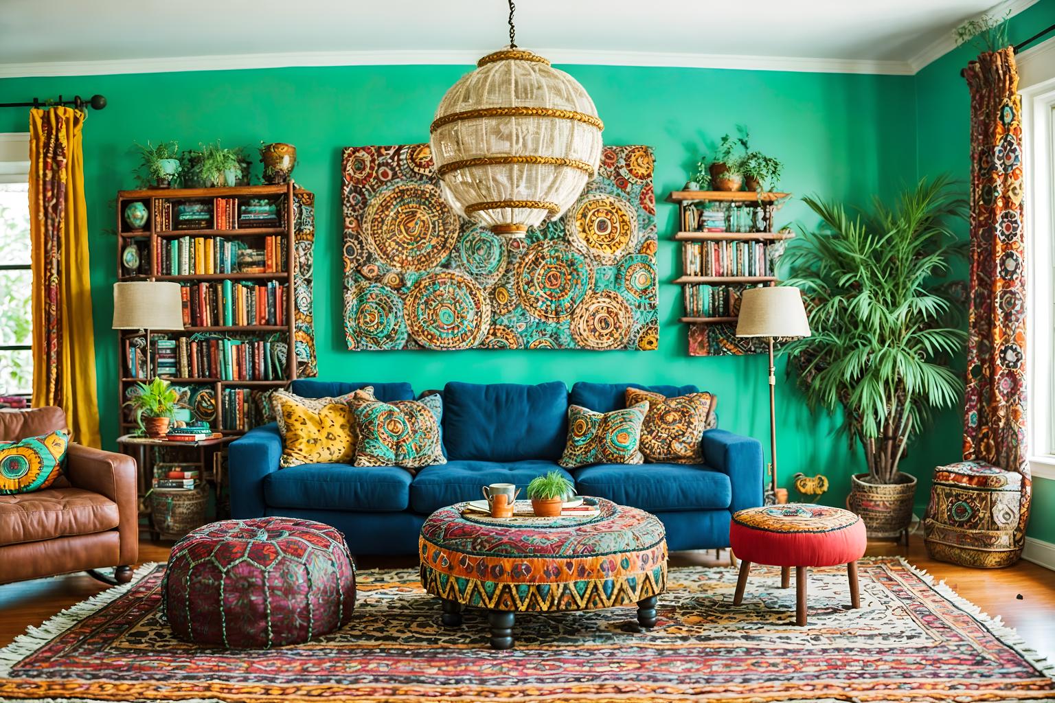 bohemian-style (living room interior) with coffee tables and rug and sofa and bookshelves and occasional tables and televisions and furniture and electric lamps. . with travel trinkets and carefree layers of pattern, texture, and color and animal hides and playful textures and bold colors and bold patterns and playful colors and mixed patterns. . cinematic photo, highly detailed, cinematic lighting, ultra-detailed, ultrarealistic, photorealism, 8k. bohemian interior design style. masterpiece, cinematic light, ultrarealistic+, photorealistic+, 8k, raw photo, realistic, sharp focus on eyes, (symmetrical eyes), (intact eyes), hyperrealistic, highest quality, best quality, , highly detailed, masterpiece, best quality, extremely detailed 8k wallpaper, masterpiece, best quality, ultra-detailed, best shadow, detailed background, detailed face, detailed eyes, high contrast, best illumination, detailed face, dulux, caustic, dynamic angle, detailed glow. dramatic lighting. highly detailed, insanely detailed hair, symmetrical, intricate details, professionally retouched, 8k high definition. strong bokeh. award winning photo.