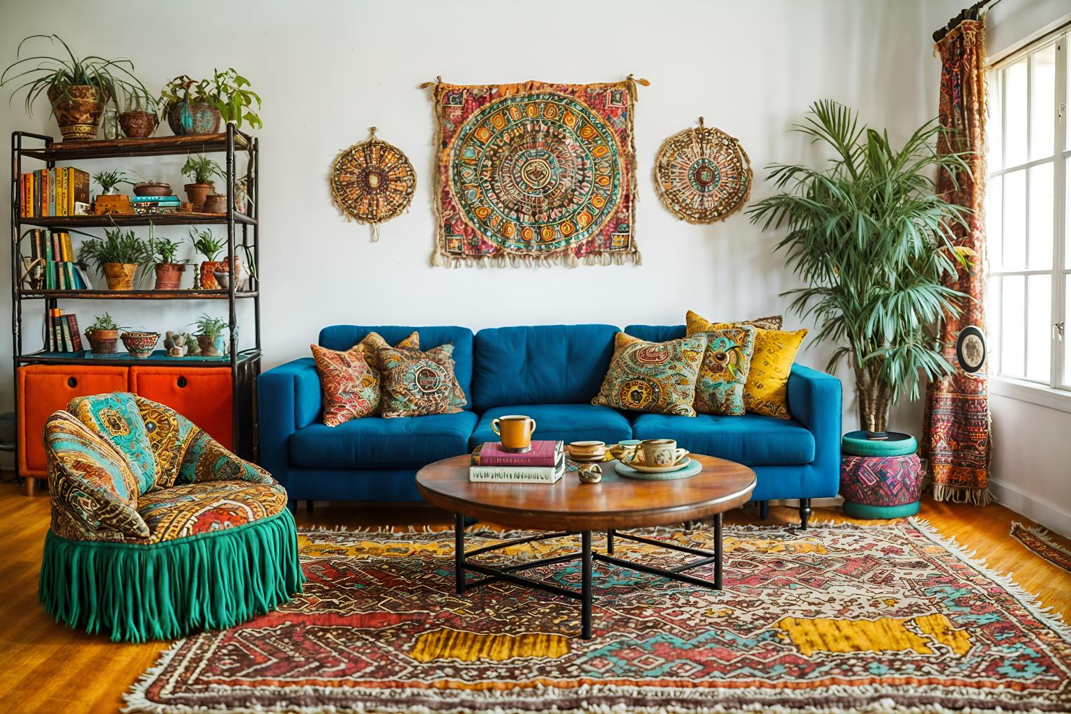 Bohemian-style Living Room Interior With Coffee Tables And Rug And Sofa ...