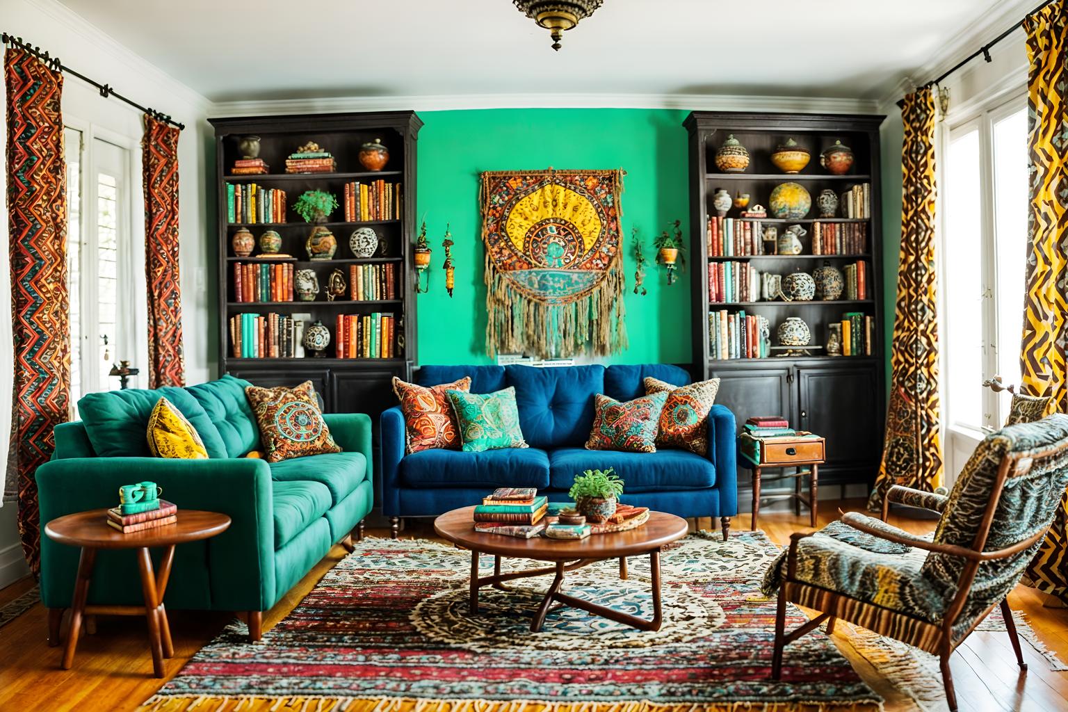 bohemian-style (living room interior) with coffee tables and rug and sofa and bookshelves and occasional tables and televisions and furniture and electric lamps. . with travel trinkets and carefree layers of pattern, texture, and color and animal hides and playful textures and bold colors and bold patterns and playful colors and mixed patterns. . cinematic photo, highly detailed, cinematic lighting, ultra-detailed, ultrarealistic, photorealism, 8k. bohemian interior design style. masterpiece, cinematic light, ultrarealistic+, photorealistic+, 8k, raw photo, realistic, sharp focus on eyes, (symmetrical eyes), (intact eyes), hyperrealistic, highest quality, best quality, , highly detailed, masterpiece, best quality, extremely detailed 8k wallpaper, masterpiece, best quality, ultra-detailed, best shadow, detailed background, detailed face, detailed eyes, high contrast, best illumination, detailed face, dulux, caustic, dynamic angle, detailed glow. dramatic lighting. highly detailed, insanely detailed hair, symmetrical, intricate details, professionally retouched, 8k high definition. strong bokeh. award winning photo.