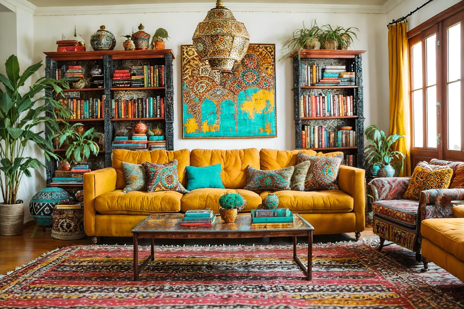 bohemian-style (living room interior) with coffee tables and rug and sofa and bookshelves and occasional tables and televisions and furniture and electric lamps. . with travel trinkets and carefree layers of pattern, texture, and color and animal hides and playful textures and bold colors and bold patterns and playful colors and mixed patterns. . cinematic photo, highly detailed, cinematic lighting, ultra-detailed, ultrarealistic, photorealism, 8k. bohemian interior design style. masterpiece, cinematic light, ultrarealistic+, photorealistic+, 8k, raw photo, realistic, sharp focus on eyes, (symmetrical eyes), (intact eyes), hyperrealistic, highest quality, best quality, , highly detailed, masterpiece, best quality, extremely detailed 8k wallpaper, masterpiece, best quality, ultra-detailed, best shadow, detailed background, detailed face, detailed eyes, high contrast, best illumination, detailed face, dulux, caustic, dynamic angle, detailed glow. dramatic lighting. highly detailed, insanely detailed hair, symmetrical, intricate details, professionally retouched, 8k high definition. strong bokeh. award winning photo.