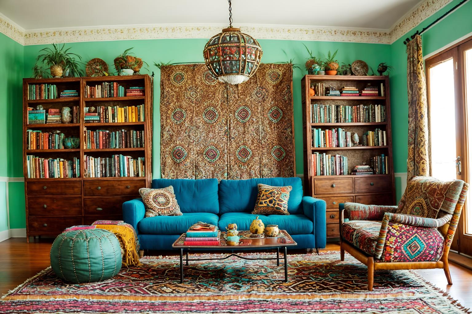 bohemian-style (living room interior) with coffee tables and rug and sofa and bookshelves and occasional tables and televisions and furniture and electric lamps. . with travel trinkets and carefree layers of pattern, texture, and color and animal hides and playful textures and bold colors and bold patterns and playful colors and mixed patterns. . cinematic photo, highly detailed, cinematic lighting, ultra-detailed, ultrarealistic, photorealism, 8k. bohemian interior design style. masterpiece, cinematic light, ultrarealistic+, photorealistic+, 8k, raw photo, realistic, sharp focus on eyes, (symmetrical eyes), (intact eyes), hyperrealistic, highest quality, best quality, , highly detailed, masterpiece, best quality, extremely detailed 8k wallpaper, masterpiece, best quality, ultra-detailed, best shadow, detailed background, detailed face, detailed eyes, high contrast, best illumination, detailed face, dulux, caustic, dynamic angle, detailed glow. dramatic lighting. highly detailed, insanely detailed hair, symmetrical, intricate details, professionally retouched, 8k high definition. strong bokeh. award winning photo.