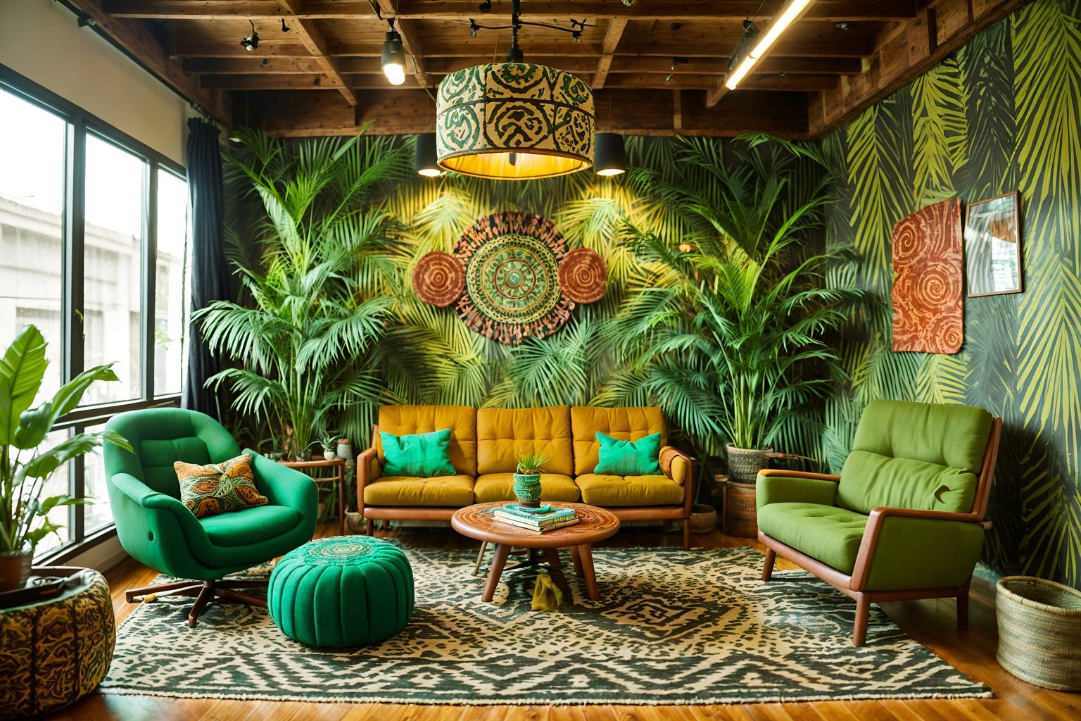 bohemian-style (coworking space interior) with lounge chairs and seating area with sofa and office chairs and office desks and lounge chairs. . with carefree layers of pattern, texture, and color and playful patterns and animal hides and lush green nature and bold patterns and playful textures and natural materials and woods. . cinematic photo, highly detailed, cinematic lighting, ultra-detailed, ultrarealistic, photorealism, 8k. bohemian interior design style. masterpiece, cinematic light, ultrarealistic+, photorealistic+, 8k, raw photo, realistic, sharp focus on eyes, (symmetrical eyes), (intact eyes), hyperrealistic, highest quality, best quality, , highly detailed, masterpiece, best quality, extremely detailed 8k wallpaper, masterpiece, best quality, ultra-detailed, best shadow, detailed background, detailed face, detailed eyes, high contrast, best illumination, detailed face, dulux, caustic, dynamic angle, detailed glow. dramatic lighting. highly detailed, insanely detailed hair, symmetrical, intricate details, professionally retouched, 8k high definition. strong bokeh. award winning photo.