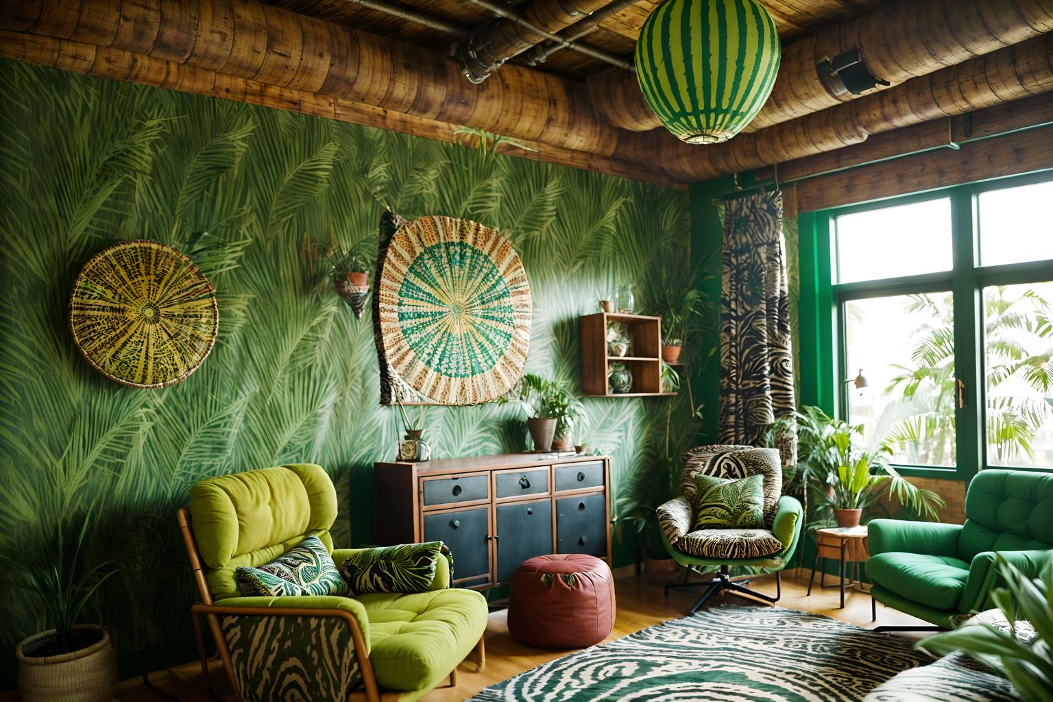 bohemian-style (coworking space interior) with lounge chairs and seating area with sofa and office chairs and office desks and lounge chairs. . with carefree layers of pattern, texture, and color and playful patterns and animal hides and lush green nature and bold patterns and playful textures and natural materials and woods. . cinematic photo, highly detailed, cinematic lighting, ultra-detailed, ultrarealistic, photorealism, 8k. bohemian interior design style. masterpiece, cinematic light, ultrarealistic+, photorealistic+, 8k, raw photo, realistic, sharp focus on eyes, (symmetrical eyes), (intact eyes), hyperrealistic, highest quality, best quality, , highly detailed, masterpiece, best quality, extremely detailed 8k wallpaper, masterpiece, best quality, ultra-detailed, best shadow, detailed background, detailed face, detailed eyes, high contrast, best illumination, detailed face, dulux, caustic, dynamic angle, detailed glow. dramatic lighting. highly detailed, insanely detailed hair, symmetrical, intricate details, professionally retouched, 8k high definition. strong bokeh. award winning photo.