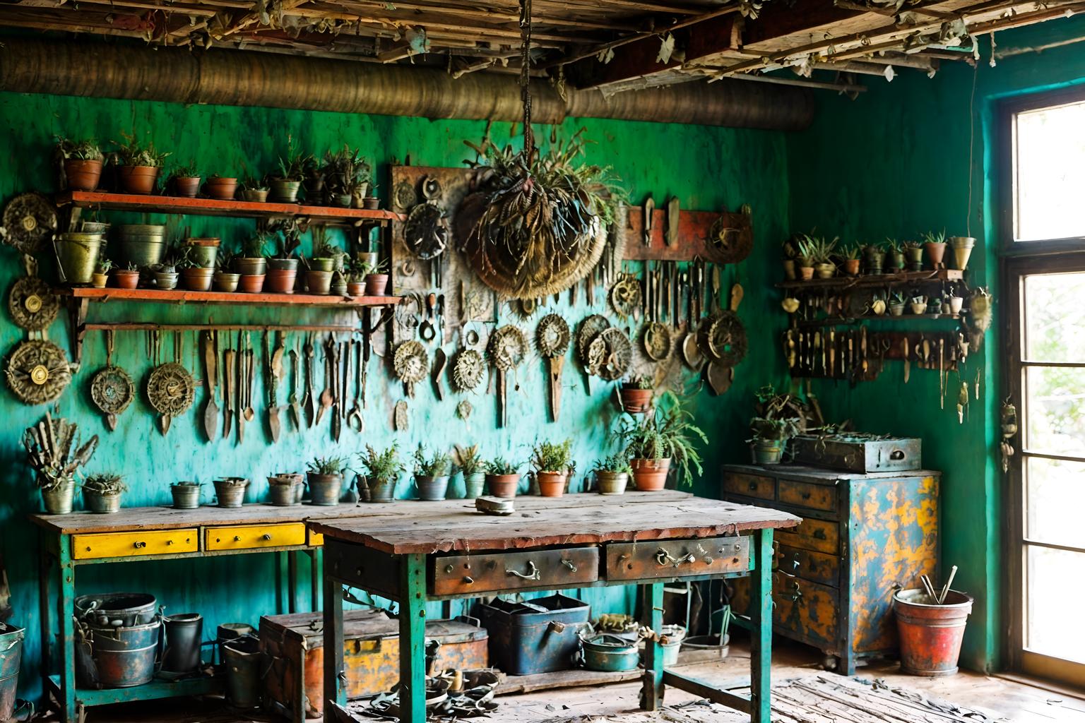 bohemian-style (workshop interior) with messy and wooden workbench and tool wall and messy. . with metals and natural materials and playful colors and bold colors and animal hides and a lack of structure and carefree layers of pattern, texture, and color and playful textures. . cinematic photo, highly detailed, cinematic lighting, ultra-detailed, ultrarealistic, photorealism, 8k. bohemian interior design style. masterpiece, cinematic light, ultrarealistic+, photorealistic+, 8k, raw photo, realistic, sharp focus on eyes, (symmetrical eyes), (intact eyes), hyperrealistic, highest quality, best quality, , highly detailed, masterpiece, best quality, extremely detailed 8k wallpaper, masterpiece, best quality, ultra-detailed, best shadow, detailed background, detailed face, detailed eyes, high contrast, best illumination, detailed face, dulux, caustic, dynamic angle, detailed glow. dramatic lighting. highly detailed, insanely detailed hair, symmetrical, intricate details, professionally retouched, 8k high definition. strong bokeh. award winning photo.