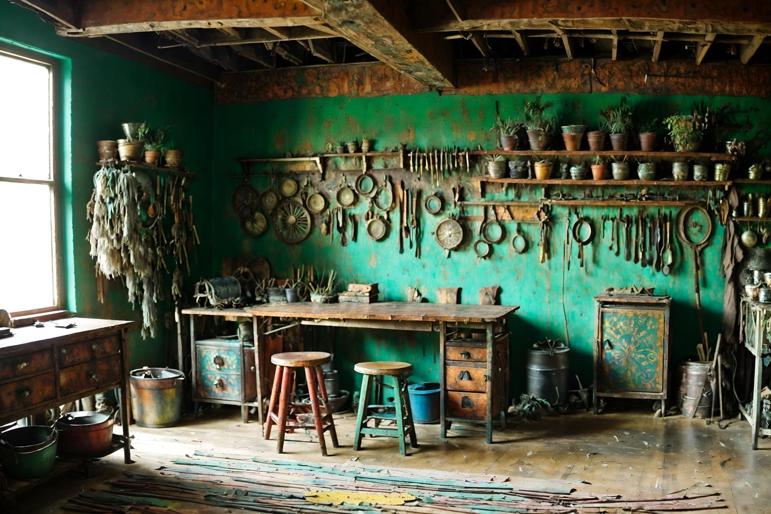 bohemian-style (workshop interior) with messy and wooden workbench and tool wall and messy. . with metals and natural materials and playful colors and bold colors and animal hides and a lack of structure and carefree layers of pattern, texture, and color and playful textures. . cinematic photo, highly detailed, cinematic lighting, ultra-detailed, ultrarealistic, photorealism, 8k. bohemian interior design style. masterpiece, cinematic light, ultrarealistic+, photorealistic+, 8k, raw photo, realistic, sharp focus on eyes, (symmetrical eyes), (intact eyes), hyperrealistic, highest quality, best quality, , highly detailed, masterpiece, best quality, extremely detailed 8k wallpaper, masterpiece, best quality, ultra-detailed, best shadow, detailed background, detailed face, detailed eyes, high contrast, best illumination, detailed face, dulux, caustic, dynamic angle, detailed glow. dramatic lighting. highly detailed, insanely detailed hair, symmetrical, intricate details, professionally retouched, 8k high definition. strong bokeh. award winning photo.