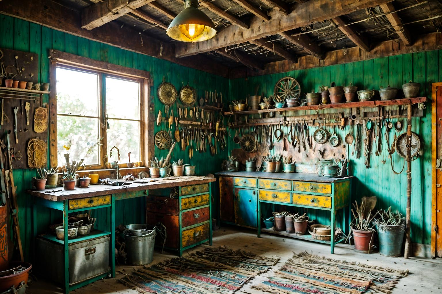 bohemian-style (workshop interior) with messy and wooden workbench and tool wall and messy. . with metals and natural materials and playful colors and bold colors and animal hides and a lack of structure and carefree layers of pattern, texture, and color and playful textures. . cinematic photo, highly detailed, cinematic lighting, ultra-detailed, ultrarealistic, photorealism, 8k. bohemian interior design style. masterpiece, cinematic light, ultrarealistic+, photorealistic+, 8k, raw photo, realistic, sharp focus on eyes, (symmetrical eyes), (intact eyes), hyperrealistic, highest quality, best quality, , highly detailed, masterpiece, best quality, extremely detailed 8k wallpaper, masterpiece, best quality, ultra-detailed, best shadow, detailed background, detailed face, detailed eyes, high contrast, best illumination, detailed face, dulux, caustic, dynamic angle, detailed glow. dramatic lighting. highly detailed, insanely detailed hair, symmetrical, intricate details, professionally retouched, 8k high definition. strong bokeh. award winning photo.