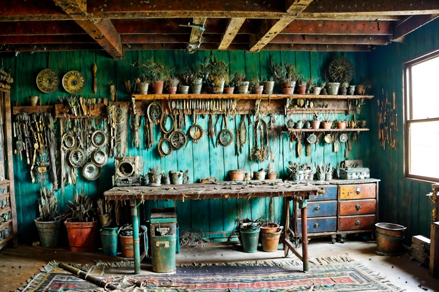 bohemian-style (workshop interior) with messy and wooden workbench and tool wall and messy. . with metals and natural materials and playful colors and bold colors and animal hides and a lack of structure and carefree layers of pattern, texture, and color and playful textures. . cinematic photo, highly detailed, cinematic lighting, ultra-detailed, ultrarealistic, photorealism, 8k. bohemian interior design style. masterpiece, cinematic light, ultrarealistic+, photorealistic+, 8k, raw photo, realistic, sharp focus on eyes, (symmetrical eyes), (intact eyes), hyperrealistic, highest quality, best quality, , highly detailed, masterpiece, best quality, extremely detailed 8k wallpaper, masterpiece, best quality, ultra-detailed, best shadow, detailed background, detailed face, detailed eyes, high contrast, best illumination, detailed face, dulux, caustic, dynamic angle, detailed glow. dramatic lighting. highly detailed, insanely detailed hair, symmetrical, intricate details, professionally retouched, 8k high definition. strong bokeh. award winning photo.