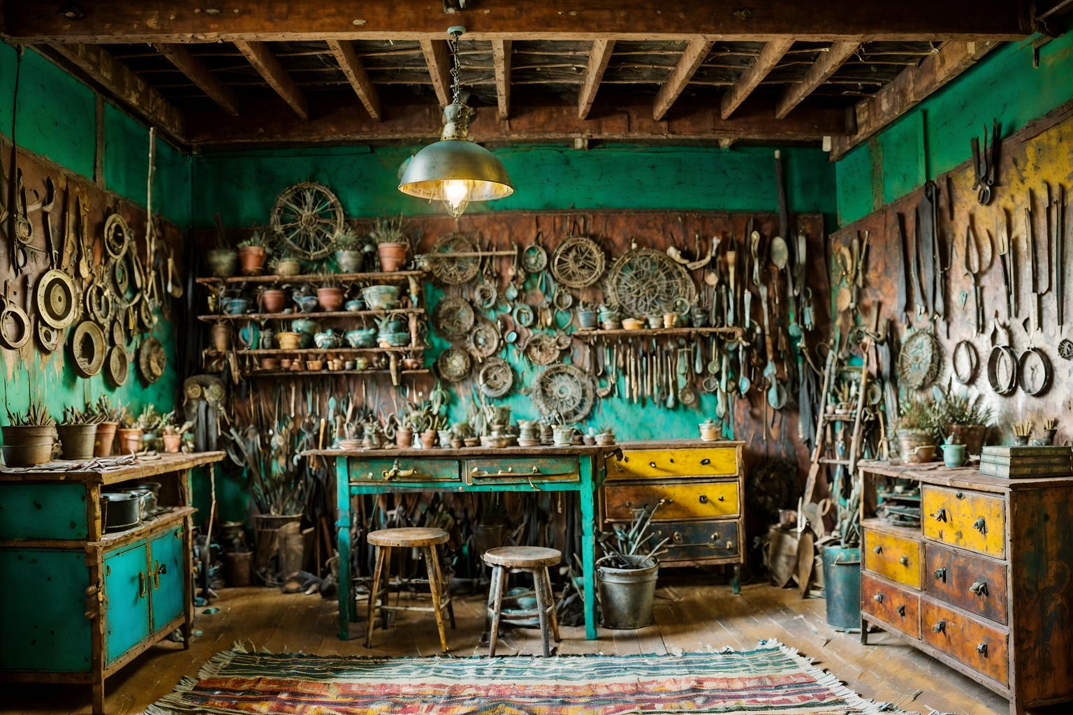 bohemian-style (workshop interior) with messy and wooden workbench and tool wall and messy. . with metals and natural materials and playful colors and bold colors and animal hides and a lack of structure and carefree layers of pattern, texture, and color and playful textures. . cinematic photo, highly detailed, cinematic lighting, ultra-detailed, ultrarealistic, photorealism, 8k. bohemian interior design style. masterpiece, cinematic light, ultrarealistic+, photorealistic+, 8k, raw photo, realistic, sharp focus on eyes, (symmetrical eyes), (intact eyes), hyperrealistic, highest quality, best quality, , highly detailed, masterpiece, best quality, extremely detailed 8k wallpaper, masterpiece, best quality, ultra-detailed, best shadow, detailed background, detailed face, detailed eyes, high contrast, best illumination, detailed face, dulux, caustic, dynamic angle, detailed glow. dramatic lighting. highly detailed, insanely detailed hair, symmetrical, intricate details, professionally retouched, 8k high definition. strong bokeh. award winning photo.