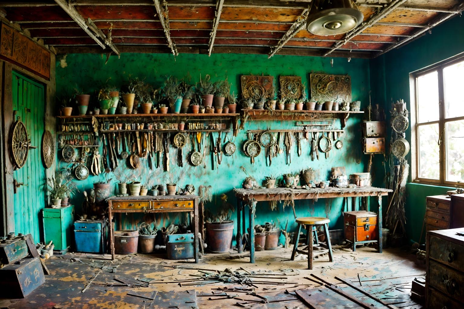 bohemian-style (workshop interior) with messy and wooden workbench and tool wall and messy. . with metals and natural materials and playful colors and bold colors and animal hides and a lack of structure and carefree layers of pattern, texture, and color and playful textures. . cinematic photo, highly detailed, cinematic lighting, ultra-detailed, ultrarealistic, photorealism, 8k. bohemian interior design style. masterpiece, cinematic light, ultrarealistic+, photorealistic+, 8k, raw photo, realistic, sharp focus on eyes, (symmetrical eyes), (intact eyes), hyperrealistic, highest quality, best quality, , highly detailed, masterpiece, best quality, extremely detailed 8k wallpaper, masterpiece, best quality, ultra-detailed, best shadow, detailed background, detailed face, detailed eyes, high contrast, best illumination, detailed face, dulux, caustic, dynamic angle, detailed glow. dramatic lighting. highly detailed, insanely detailed hair, symmetrical, intricate details, professionally retouched, 8k high definition. strong bokeh. award winning photo.