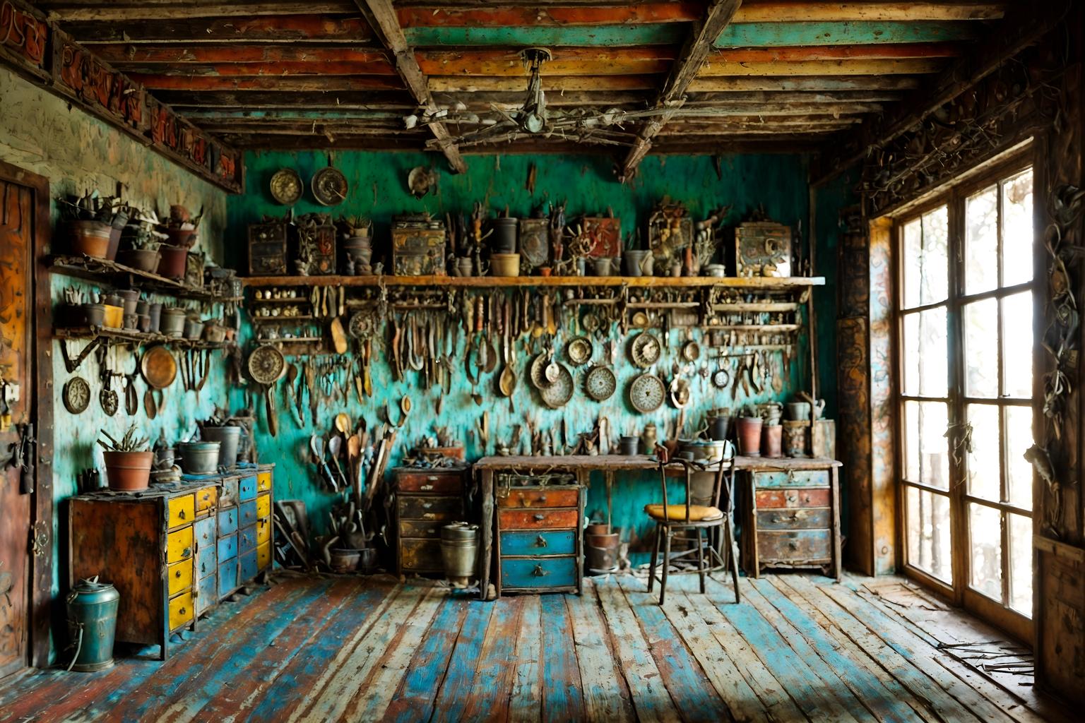 bohemian-style (workshop interior) with messy and wooden workbench and tool wall and messy. . with metals and natural materials and playful colors and bold colors and animal hides and a lack of structure and carefree layers of pattern, texture, and color and playful textures. . cinematic photo, highly detailed, cinematic lighting, ultra-detailed, ultrarealistic, photorealism, 8k. bohemian interior design style. masterpiece, cinematic light, ultrarealistic+, photorealistic+, 8k, raw photo, realistic, sharp focus on eyes, (symmetrical eyes), (intact eyes), hyperrealistic, highest quality, best quality, , highly detailed, masterpiece, best quality, extremely detailed 8k wallpaper, masterpiece, best quality, ultra-detailed, best shadow, detailed background, detailed face, detailed eyes, high contrast, best illumination, detailed face, dulux, caustic, dynamic angle, detailed glow. dramatic lighting. highly detailed, insanely detailed hair, symmetrical, intricate details, professionally retouched, 8k high definition. strong bokeh. award winning photo.