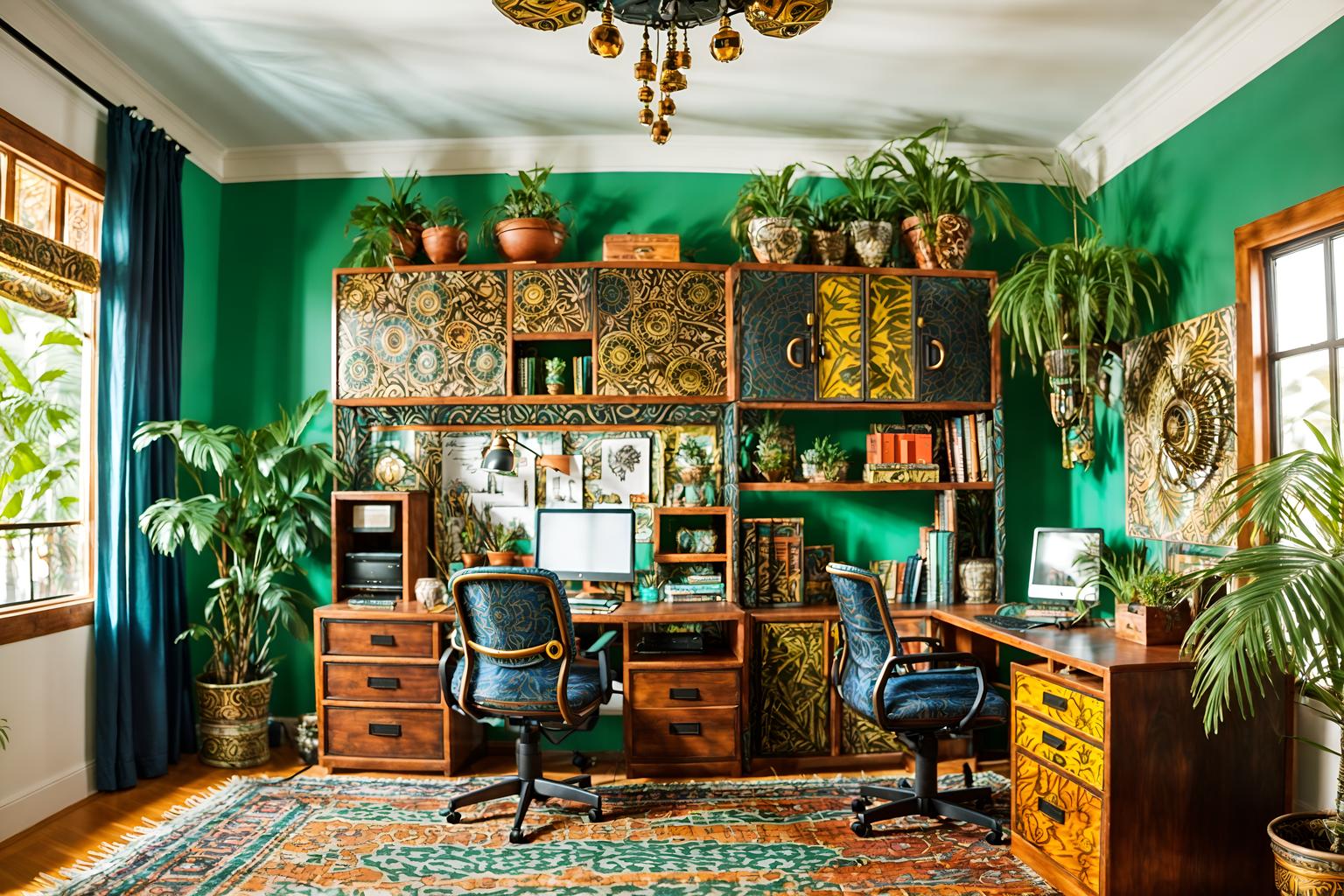 bohemian-style (home office interior) with cabinets and plant and computer desk and office chair and desk lamp and cabinets. . with playful patterns and bold colors and metals and natural materials and animal hides and travel trinkets and playful textures and carefree layers of pattern, texture, and color. . cinematic photo, highly detailed, cinematic lighting, ultra-detailed, ultrarealistic, photorealism, 8k. bohemian interior design style. masterpiece, cinematic light, ultrarealistic+, photorealistic+, 8k, raw photo, realistic, sharp focus on eyes, (symmetrical eyes), (intact eyes), hyperrealistic, highest quality, best quality, , highly detailed, masterpiece, best quality, extremely detailed 8k wallpaper, masterpiece, best quality, ultra-detailed, best shadow, detailed background, detailed face, detailed eyes, high contrast, best illumination, detailed face, dulux, caustic, dynamic angle, detailed glow. dramatic lighting. highly detailed, insanely detailed hair, symmetrical, intricate details, professionally retouched, 8k high definition. strong bokeh. award winning photo.