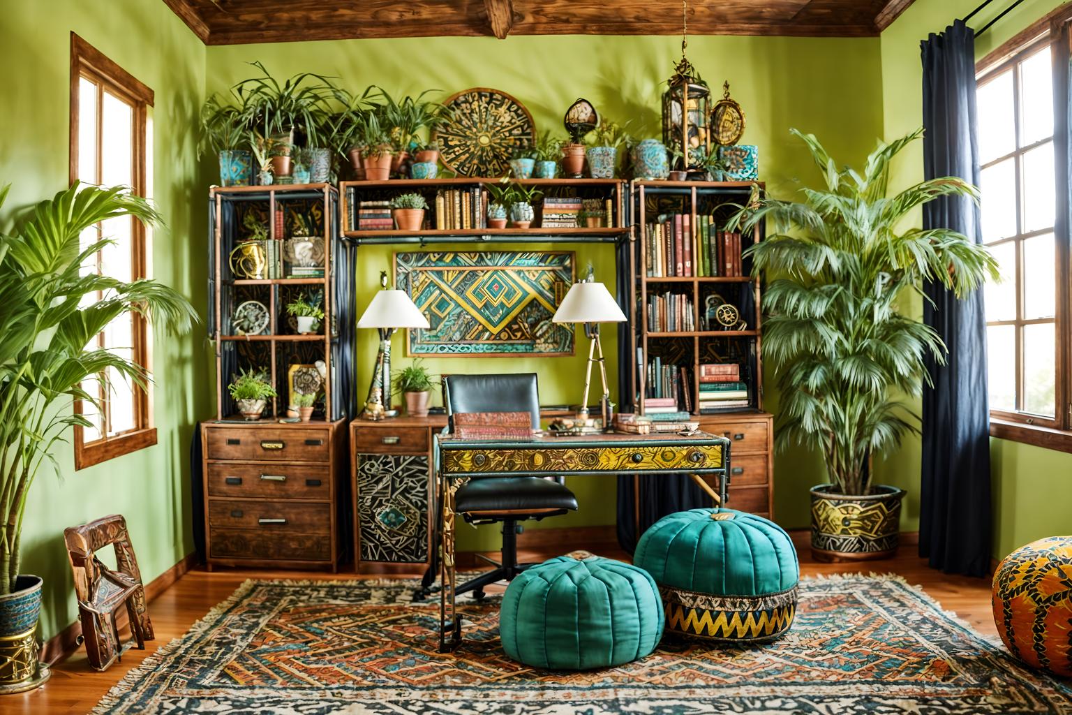 bohemian-style (home office interior) with cabinets and plant and computer desk and office chair and desk lamp and cabinets. . with playful patterns and bold colors and metals and natural materials and animal hides and travel trinkets and playful textures and carefree layers of pattern, texture, and color. . cinematic photo, highly detailed, cinematic lighting, ultra-detailed, ultrarealistic, photorealism, 8k. bohemian interior design style. masterpiece, cinematic light, ultrarealistic+, photorealistic+, 8k, raw photo, realistic, sharp focus on eyes, (symmetrical eyes), (intact eyes), hyperrealistic, highest quality, best quality, , highly detailed, masterpiece, best quality, extremely detailed 8k wallpaper, masterpiece, best quality, ultra-detailed, best shadow, detailed background, detailed face, detailed eyes, high contrast, best illumination, detailed face, dulux, caustic, dynamic angle, detailed glow. dramatic lighting. highly detailed, insanely detailed hair, symmetrical, intricate details, professionally retouched, 8k high definition. strong bokeh. award winning photo.