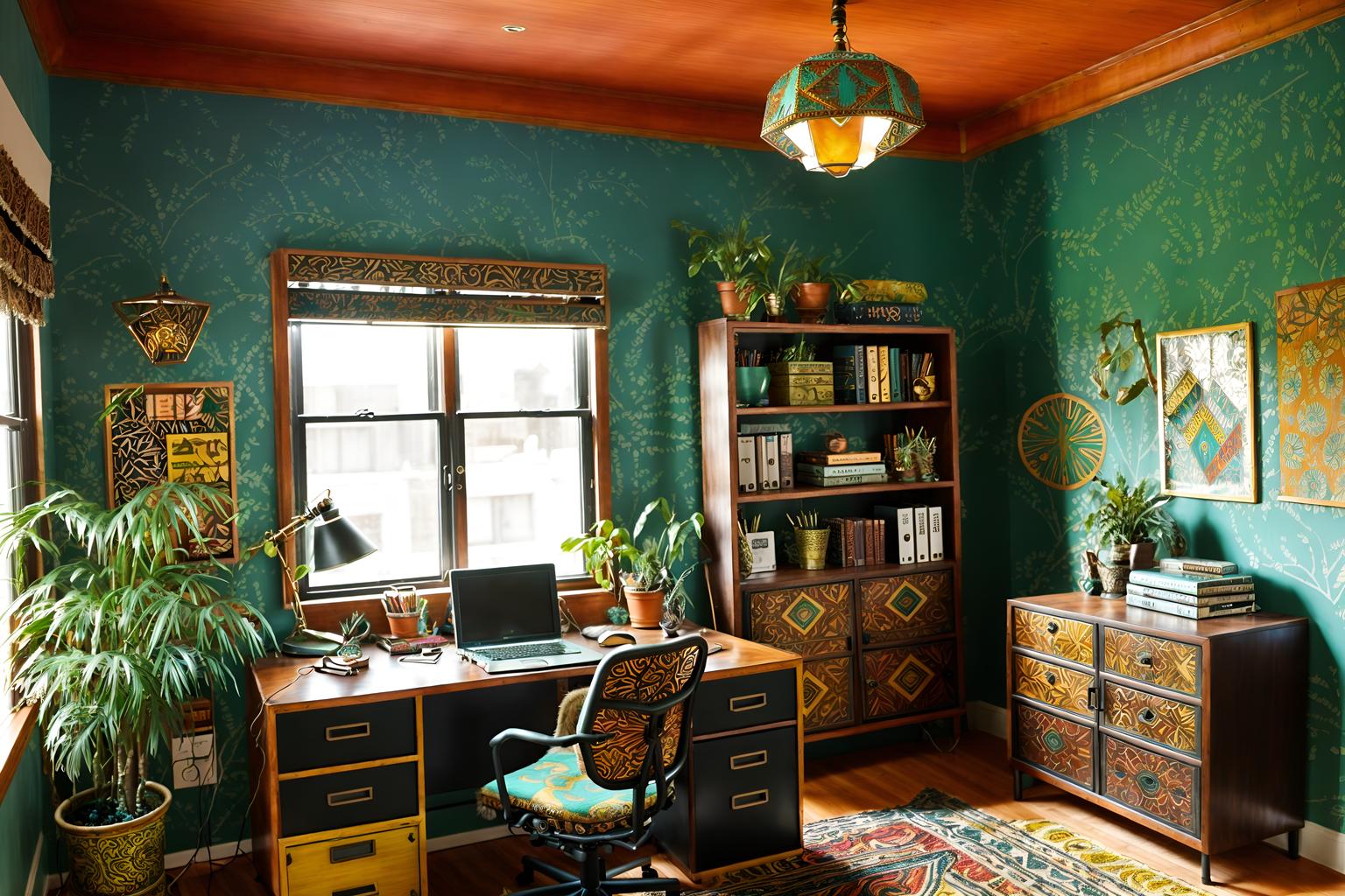 bohemian-style (home office interior) with cabinets and plant and computer desk and office chair and desk lamp and cabinets. . with playful patterns and bold colors and metals and natural materials and animal hides and travel trinkets and playful textures and carefree layers of pattern, texture, and color. . cinematic photo, highly detailed, cinematic lighting, ultra-detailed, ultrarealistic, photorealism, 8k. bohemian interior design style. masterpiece, cinematic light, ultrarealistic+, photorealistic+, 8k, raw photo, realistic, sharp focus on eyes, (symmetrical eyes), (intact eyes), hyperrealistic, highest quality, best quality, , highly detailed, masterpiece, best quality, extremely detailed 8k wallpaper, masterpiece, best quality, ultra-detailed, best shadow, detailed background, detailed face, detailed eyes, high contrast, best illumination, detailed face, dulux, caustic, dynamic angle, detailed glow. dramatic lighting. highly detailed, insanely detailed hair, symmetrical, intricate details, professionally retouched, 8k high definition. strong bokeh. award winning photo.