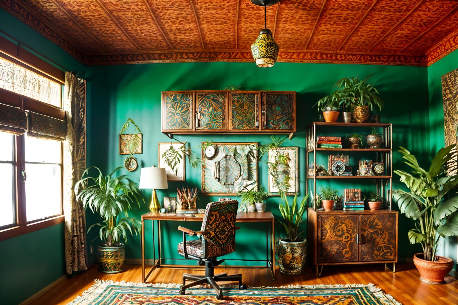 bohemian-style (home office interior) with cabinets and plant and computer desk and office chair and desk lamp and cabinets. . with playful patterns and bold colors and metals and natural materials and animal hides and travel trinkets and playful textures and carefree layers of pattern, texture, and color. . cinematic photo, highly detailed, cinematic lighting, ultra-detailed, ultrarealistic, photorealism, 8k. bohemian interior design style. masterpiece, cinematic light, ultrarealistic+, photorealistic+, 8k, raw photo, realistic, sharp focus on eyes, (symmetrical eyes), (intact eyes), hyperrealistic, highest quality, best quality, , highly detailed, masterpiece, best quality, extremely detailed 8k wallpaper, masterpiece, best quality, ultra-detailed, best shadow, detailed background, detailed face, detailed eyes, high contrast, best illumination, detailed face, dulux, caustic, dynamic angle, detailed glow. dramatic lighting. highly detailed, insanely detailed hair, symmetrical, intricate details, professionally retouched, 8k high definition. strong bokeh. award winning photo.