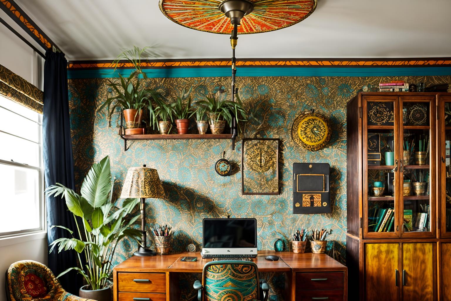 bohemian-style (home office interior) with cabinets and plant and computer desk and office chair and desk lamp and cabinets. . with playful patterns and bold colors and metals and natural materials and animal hides and travel trinkets and playful textures and carefree layers of pattern, texture, and color. . cinematic photo, highly detailed, cinematic lighting, ultra-detailed, ultrarealistic, photorealism, 8k. bohemian interior design style. masterpiece, cinematic light, ultrarealistic+, photorealistic+, 8k, raw photo, realistic, sharp focus on eyes, (symmetrical eyes), (intact eyes), hyperrealistic, highest quality, best quality, , highly detailed, masterpiece, best quality, extremely detailed 8k wallpaper, masterpiece, best quality, ultra-detailed, best shadow, detailed background, detailed face, detailed eyes, high contrast, best illumination, detailed face, dulux, caustic, dynamic angle, detailed glow. dramatic lighting. highly detailed, insanely detailed hair, symmetrical, intricate details, professionally retouched, 8k high definition. strong bokeh. award winning photo.