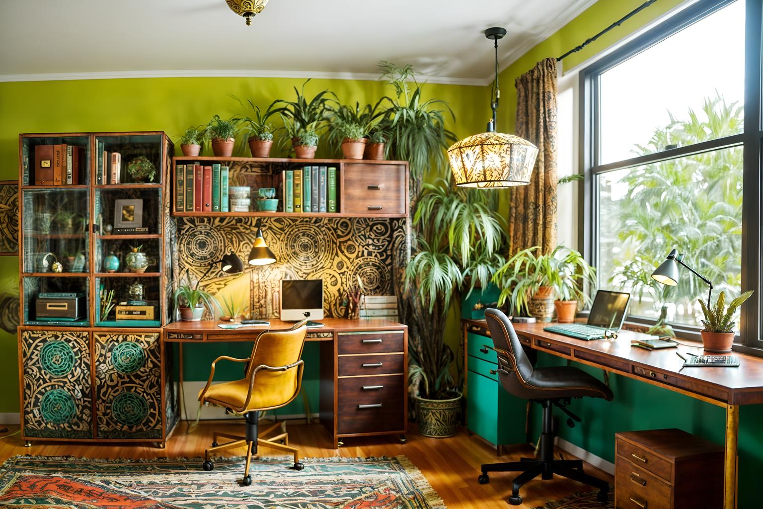 bohemian-style (home office interior) with cabinets and plant and computer desk and office chair and desk lamp and cabinets. . with playful patterns and bold colors and metals and natural materials and animal hides and travel trinkets and playful textures and carefree layers of pattern, texture, and color. . cinematic photo, highly detailed, cinematic lighting, ultra-detailed, ultrarealistic, photorealism, 8k. bohemian interior design style. masterpiece, cinematic light, ultrarealistic+, photorealistic+, 8k, raw photo, realistic, sharp focus on eyes, (symmetrical eyes), (intact eyes), hyperrealistic, highest quality, best quality, , highly detailed, masterpiece, best quality, extremely detailed 8k wallpaper, masterpiece, best quality, ultra-detailed, best shadow, detailed background, detailed face, detailed eyes, high contrast, best illumination, detailed face, dulux, caustic, dynamic angle, detailed glow. dramatic lighting. highly detailed, insanely detailed hair, symmetrical, intricate details, professionally retouched, 8k high definition. strong bokeh. award winning photo.