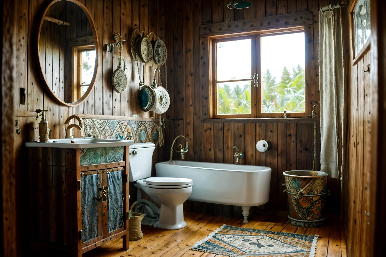 bohemian-style (toilet interior) with sink with tap and toilet with toilet seat up and toilet paper hanger and sink with tap. . with animal hides and natural materials and woods and metals and playful textures and playful patterns and bold colors and a lack of structure. . cinematic photo, highly detailed, cinematic lighting, ultra-detailed, ultrarealistic, photorealism, 8k. bohemian interior design style. masterpiece, cinematic light, ultrarealistic+, photorealistic+, 8k, raw photo, realistic, sharp focus on eyes, (symmetrical eyes), (intact eyes), hyperrealistic, highest quality, best quality, , highly detailed, masterpiece, best quality, extremely detailed 8k wallpaper, masterpiece, best quality, ultra-detailed, best shadow, detailed background, detailed face, detailed eyes, high contrast, best illumination, detailed face, dulux, caustic, dynamic angle, detailed glow. dramatic lighting. highly detailed, insanely detailed hair, symmetrical, intricate details, professionally retouched, 8k high definition. strong bokeh. award winning photo.