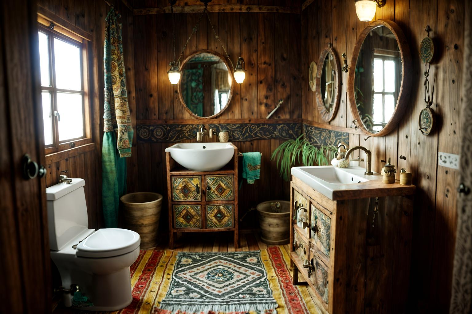 bohemian-style (toilet interior) with sink with tap and toilet with toilet seat up and toilet paper hanger and sink with tap. . with animal hides and natural materials and woods and metals and playful textures and playful patterns and bold colors and a lack of structure. . cinematic photo, highly detailed, cinematic lighting, ultra-detailed, ultrarealistic, photorealism, 8k. bohemian interior design style. masterpiece, cinematic light, ultrarealistic+, photorealistic+, 8k, raw photo, realistic, sharp focus on eyes, (symmetrical eyes), (intact eyes), hyperrealistic, highest quality, best quality, , highly detailed, masterpiece, best quality, extremely detailed 8k wallpaper, masterpiece, best quality, ultra-detailed, best shadow, detailed background, detailed face, detailed eyes, high contrast, best illumination, detailed face, dulux, caustic, dynamic angle, detailed glow. dramatic lighting. highly detailed, insanely detailed hair, symmetrical, intricate details, professionally retouched, 8k high definition. strong bokeh. award winning photo.