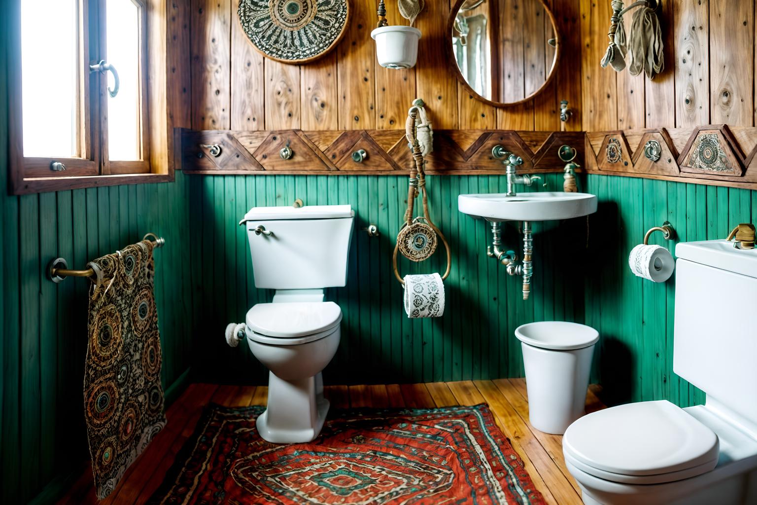 bohemian-style (toilet interior) with sink with tap and toilet with toilet seat up and toilet paper hanger and sink with tap. . with animal hides and natural materials and woods and metals and playful textures and playful patterns and bold colors and a lack of structure. . cinematic photo, highly detailed, cinematic lighting, ultra-detailed, ultrarealistic, photorealism, 8k. bohemian interior design style. masterpiece, cinematic light, ultrarealistic+, photorealistic+, 8k, raw photo, realistic, sharp focus on eyes, (symmetrical eyes), (intact eyes), hyperrealistic, highest quality, best quality, , highly detailed, masterpiece, best quality, extremely detailed 8k wallpaper, masterpiece, best quality, ultra-detailed, best shadow, detailed background, detailed face, detailed eyes, high contrast, best illumination, detailed face, dulux, caustic, dynamic angle, detailed glow. dramatic lighting. highly detailed, insanely detailed hair, symmetrical, intricate details, professionally retouched, 8k high definition. strong bokeh. award winning photo.