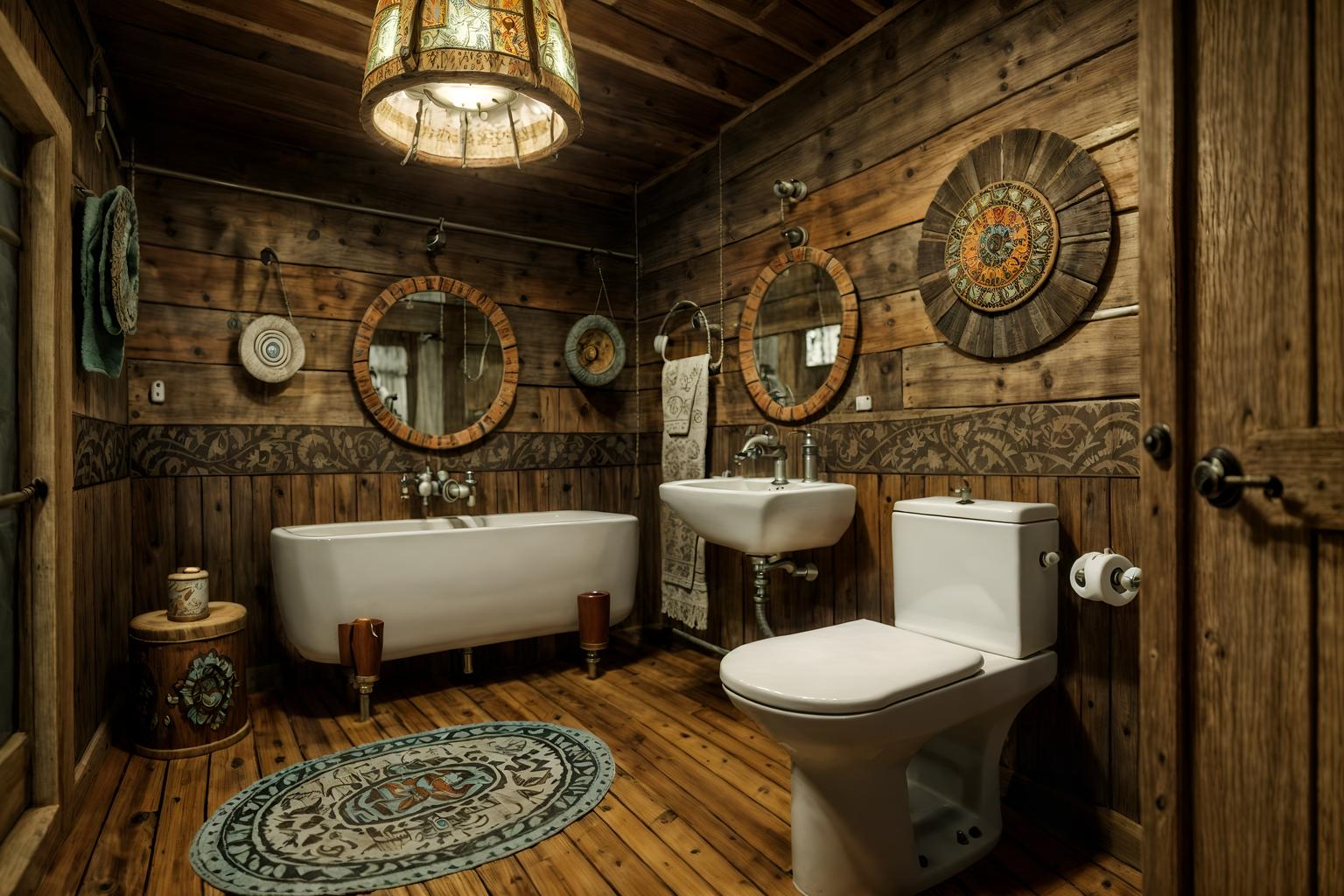 bohemian-style (toilet interior) with sink with tap and toilet with toilet seat up and toilet paper hanger and sink with tap. . with animal hides and natural materials and woods and metals and playful textures and playful patterns and bold colors and a lack of structure. . cinematic photo, highly detailed, cinematic lighting, ultra-detailed, ultrarealistic, photorealism, 8k. bohemian interior design style. masterpiece, cinematic light, ultrarealistic+, photorealistic+, 8k, raw photo, realistic, sharp focus on eyes, (symmetrical eyes), (intact eyes), hyperrealistic, highest quality, best quality, , highly detailed, masterpiece, best quality, extremely detailed 8k wallpaper, masterpiece, best quality, ultra-detailed, best shadow, detailed background, detailed face, detailed eyes, high contrast, best illumination, detailed face, dulux, caustic, dynamic angle, detailed glow. dramatic lighting. highly detailed, insanely detailed hair, symmetrical, intricate details, professionally retouched, 8k high definition. strong bokeh. award winning photo.