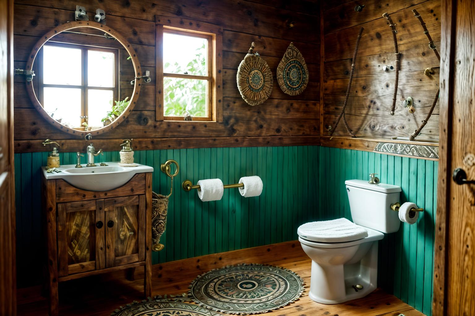 bohemian-style (toilet interior) with sink with tap and toilet with toilet seat up and toilet paper hanger and sink with tap. . with animal hides and natural materials and woods and metals and playful textures and playful patterns and bold colors and a lack of structure. . cinematic photo, highly detailed, cinematic lighting, ultra-detailed, ultrarealistic, photorealism, 8k. bohemian interior design style. masterpiece, cinematic light, ultrarealistic+, photorealistic+, 8k, raw photo, realistic, sharp focus on eyes, (symmetrical eyes), (intact eyes), hyperrealistic, highest quality, best quality, , highly detailed, masterpiece, best quality, extremely detailed 8k wallpaper, masterpiece, best quality, ultra-detailed, best shadow, detailed background, detailed face, detailed eyes, high contrast, best illumination, detailed face, dulux, caustic, dynamic angle, detailed glow. dramatic lighting. highly detailed, insanely detailed hair, symmetrical, intricate details, professionally retouched, 8k high definition. strong bokeh. award winning photo.