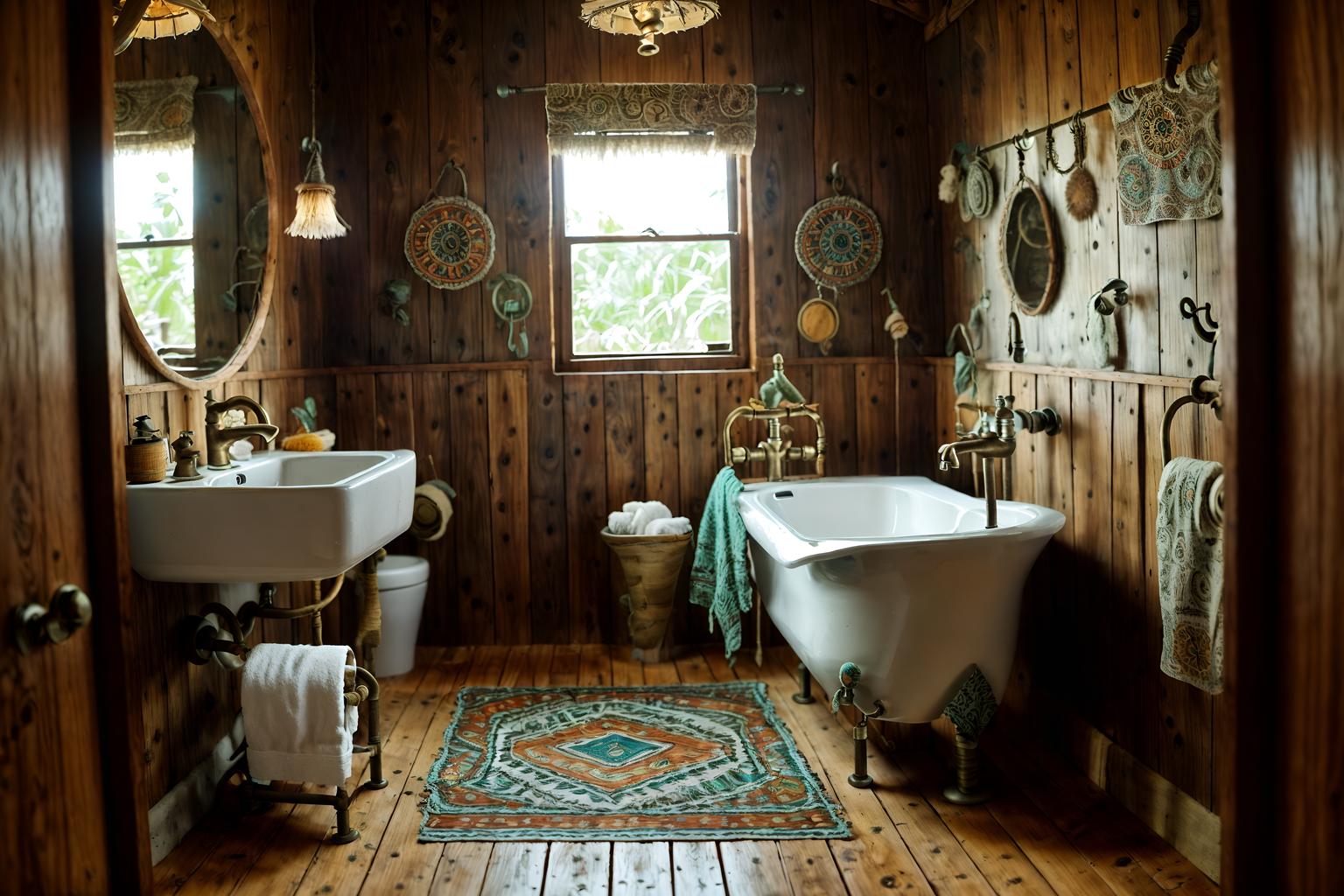bohemian-style (toilet interior) with sink with tap and toilet with toilet seat up and toilet paper hanger and sink with tap. . with animal hides and natural materials and woods and metals and playful textures and playful patterns and bold colors and a lack of structure. . cinematic photo, highly detailed, cinematic lighting, ultra-detailed, ultrarealistic, photorealism, 8k. bohemian interior design style. masterpiece, cinematic light, ultrarealistic+, photorealistic+, 8k, raw photo, realistic, sharp focus on eyes, (symmetrical eyes), (intact eyes), hyperrealistic, highest quality, best quality, , highly detailed, masterpiece, best quality, extremely detailed 8k wallpaper, masterpiece, best quality, ultra-detailed, best shadow, detailed background, detailed face, detailed eyes, high contrast, best illumination, detailed face, dulux, caustic, dynamic angle, detailed glow. dramatic lighting. highly detailed, insanely detailed hair, symmetrical, intricate details, professionally retouched, 8k high definition. strong bokeh. award winning photo.