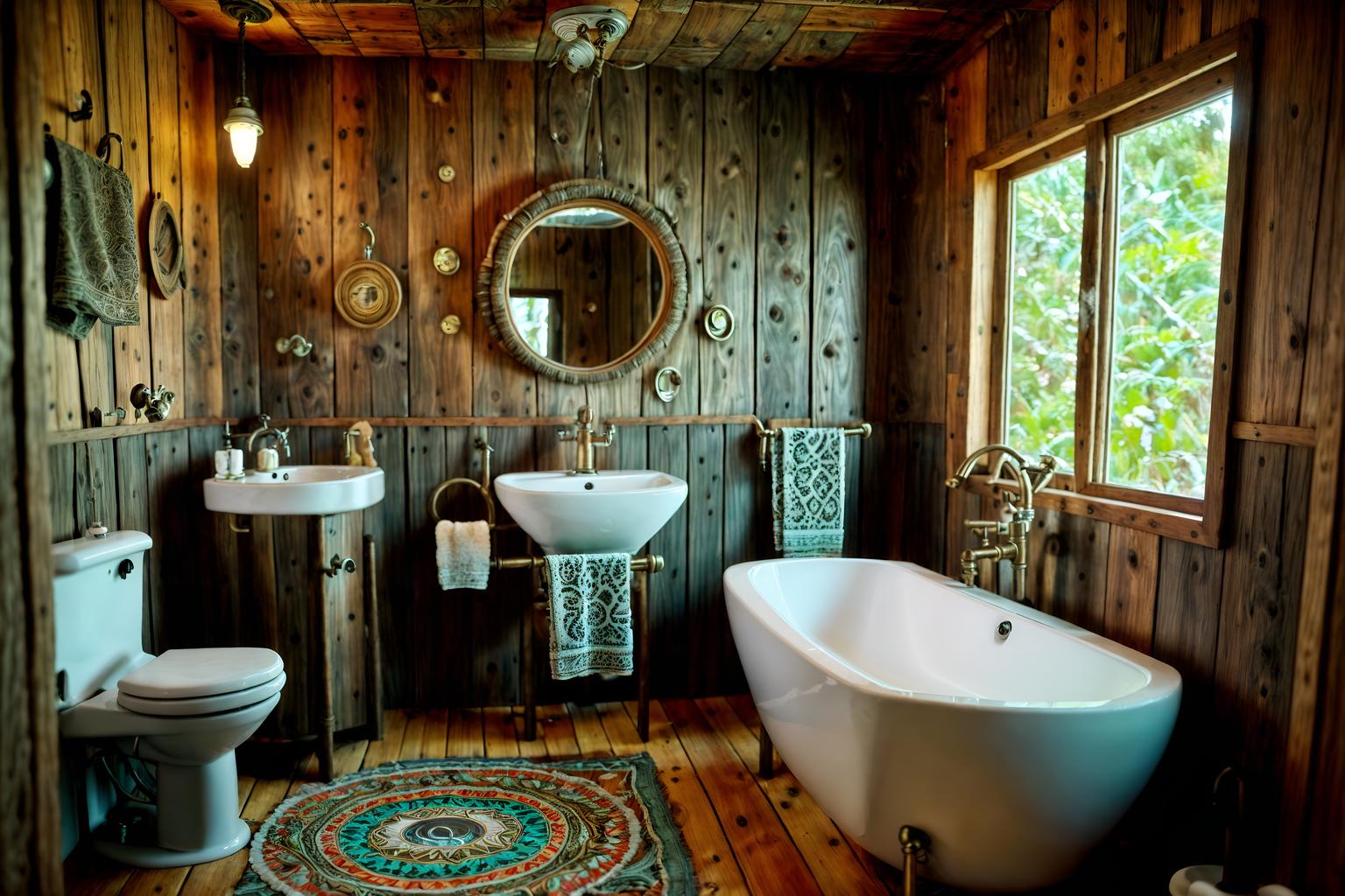 bohemian-style (toilet interior) with sink with tap and toilet with toilet seat up and toilet paper hanger and sink with tap. . with animal hides and natural materials and woods and metals and playful textures and playful patterns and bold colors and a lack of structure. . cinematic photo, highly detailed, cinematic lighting, ultra-detailed, ultrarealistic, photorealism, 8k. bohemian interior design style. masterpiece, cinematic light, ultrarealistic+, photorealistic+, 8k, raw photo, realistic, sharp focus on eyes, (symmetrical eyes), (intact eyes), hyperrealistic, highest quality, best quality, , highly detailed, masterpiece, best quality, extremely detailed 8k wallpaper, masterpiece, best quality, ultra-detailed, best shadow, detailed background, detailed face, detailed eyes, high contrast, best illumination, detailed face, dulux, caustic, dynamic angle, detailed glow. dramatic lighting. highly detailed, insanely detailed hair, symmetrical, intricate details, professionally retouched, 8k high definition. strong bokeh. award winning photo.