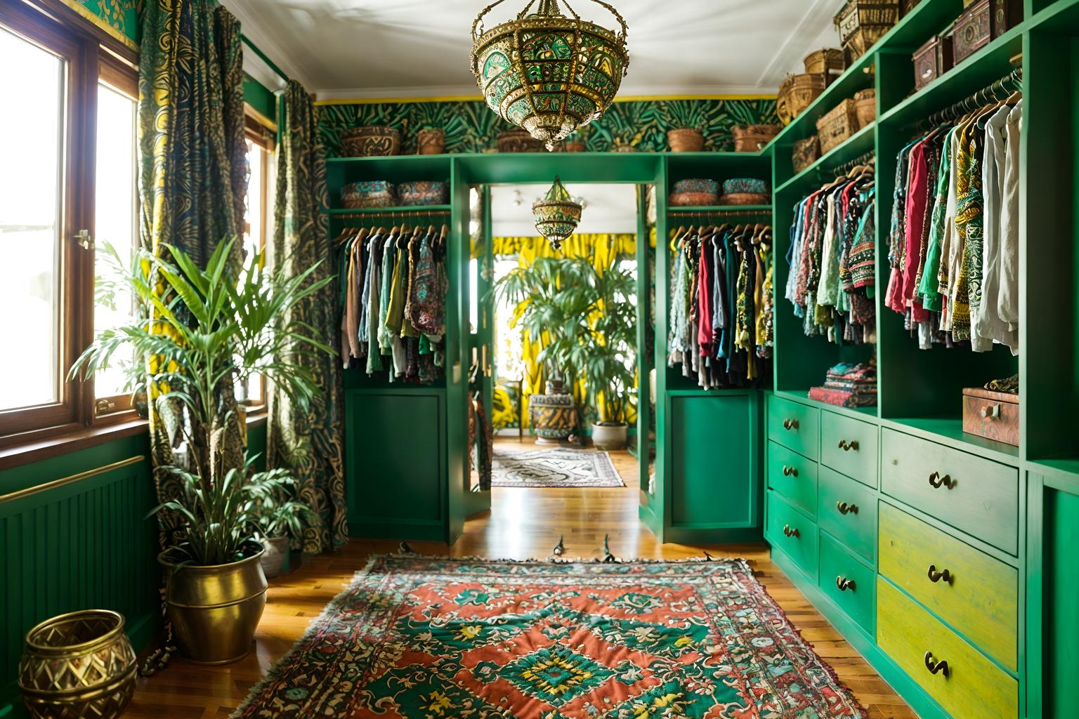 bohemian-style (walk in closet interior) . with mixed patterns and travel trinkets and playful textures and a lack of structure and bold colors and metals and lush green nature and bold patterns. . cinematic photo, highly detailed, cinematic lighting, ultra-detailed, ultrarealistic, photorealism, 8k. bohemian interior design style. masterpiece, cinematic light, ultrarealistic+, photorealistic+, 8k, raw photo, realistic, sharp focus on eyes, (symmetrical eyes), (intact eyes), hyperrealistic, highest quality, best quality, , highly detailed, masterpiece, best quality, extremely detailed 8k wallpaper, masterpiece, best quality, ultra-detailed, best shadow, detailed background, detailed face, detailed eyes, high contrast, best illumination, detailed face, dulux, caustic, dynamic angle, detailed glow. dramatic lighting. highly detailed, insanely detailed hair, symmetrical, intricate details, professionally retouched, 8k high definition. strong bokeh. award winning photo.