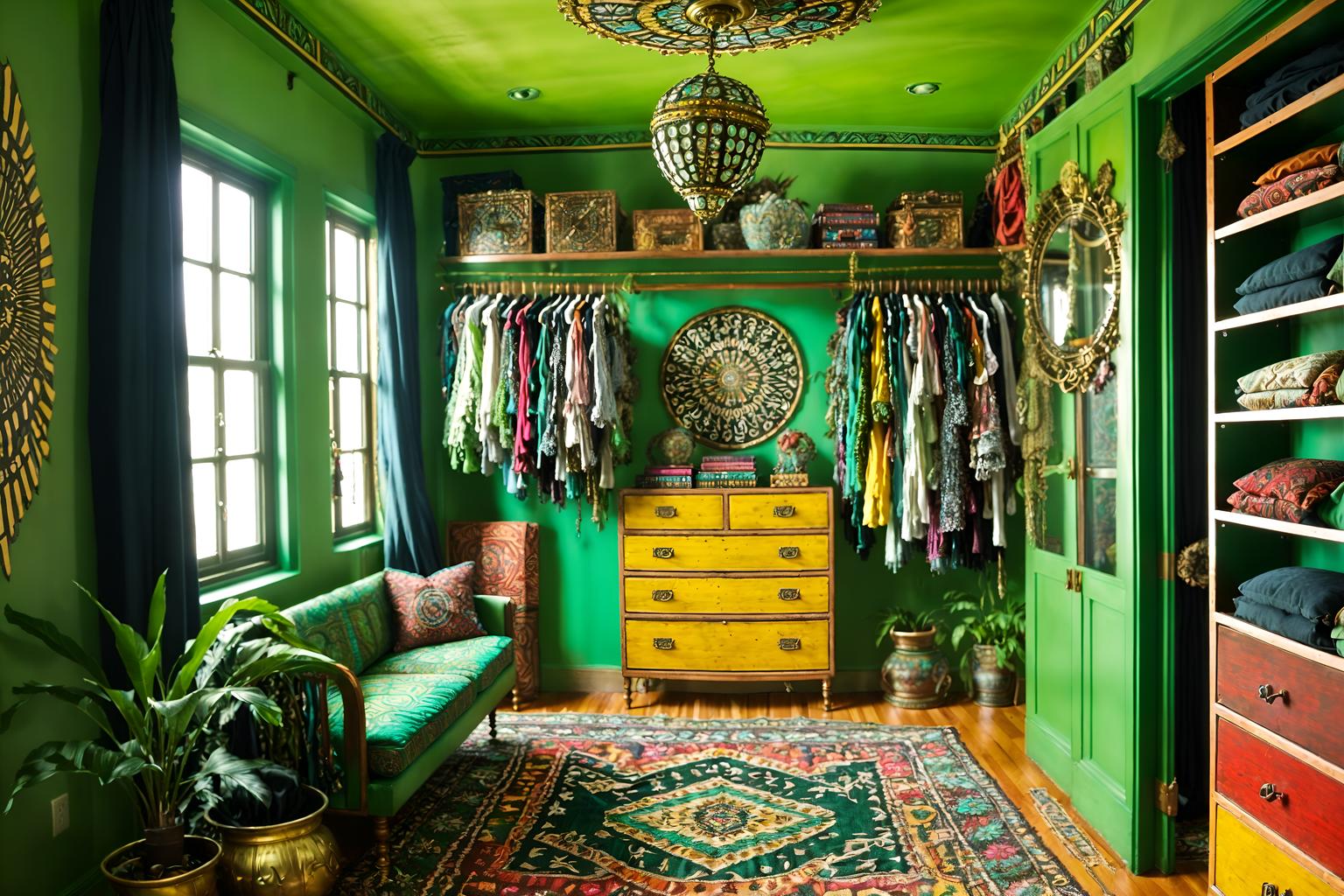 bohemian-style (walk in closet interior) . with mixed patterns and travel trinkets and playful textures and a lack of structure and bold colors and metals and lush green nature and bold patterns. . cinematic photo, highly detailed, cinematic lighting, ultra-detailed, ultrarealistic, photorealism, 8k. bohemian interior design style. masterpiece, cinematic light, ultrarealistic+, photorealistic+, 8k, raw photo, realistic, sharp focus on eyes, (symmetrical eyes), (intact eyes), hyperrealistic, highest quality, best quality, , highly detailed, masterpiece, best quality, extremely detailed 8k wallpaper, masterpiece, best quality, ultra-detailed, best shadow, detailed background, detailed face, detailed eyes, high contrast, best illumination, detailed face, dulux, caustic, dynamic angle, detailed glow. dramatic lighting. highly detailed, insanely detailed hair, symmetrical, intricate details, professionally retouched, 8k high definition. strong bokeh. award winning photo.