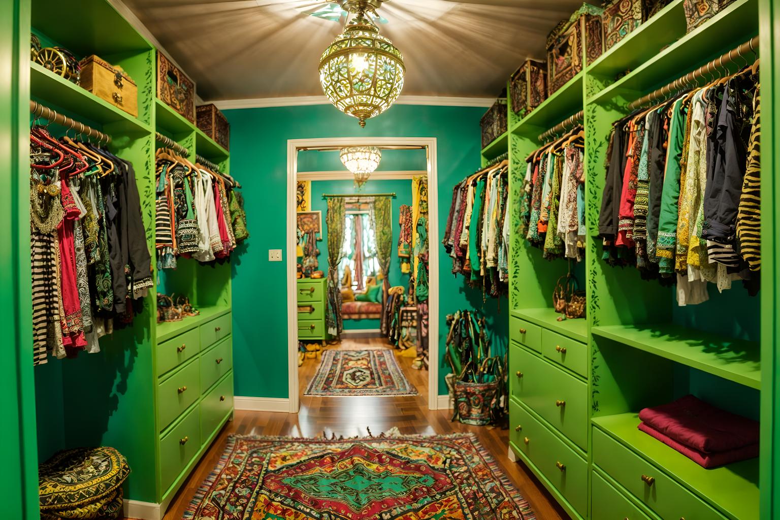 bohemian-style (walk in closet interior) . with mixed patterns and travel trinkets and playful textures and a lack of structure and bold colors and metals and lush green nature and bold patterns. . cinematic photo, highly detailed, cinematic lighting, ultra-detailed, ultrarealistic, photorealism, 8k. bohemian interior design style. masterpiece, cinematic light, ultrarealistic+, photorealistic+, 8k, raw photo, realistic, sharp focus on eyes, (symmetrical eyes), (intact eyes), hyperrealistic, highest quality, best quality, , highly detailed, masterpiece, best quality, extremely detailed 8k wallpaper, masterpiece, best quality, ultra-detailed, best shadow, detailed background, detailed face, detailed eyes, high contrast, best illumination, detailed face, dulux, caustic, dynamic angle, detailed glow. dramatic lighting. highly detailed, insanely detailed hair, symmetrical, intricate details, professionally retouched, 8k high definition. strong bokeh. award winning photo.