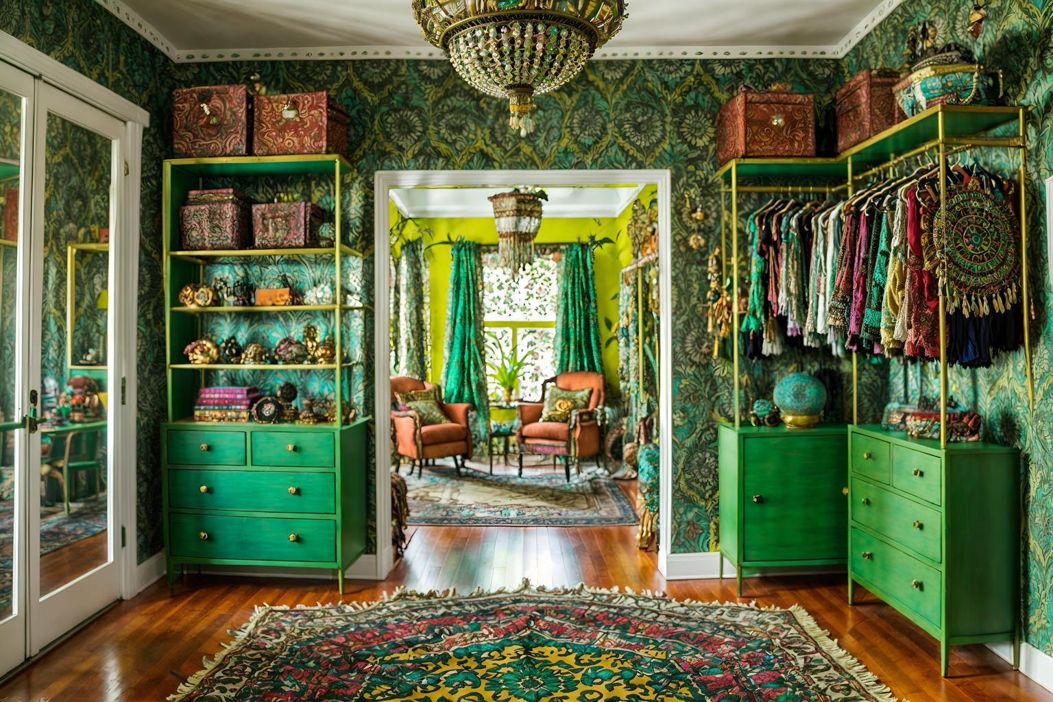 bohemian-style (walk in closet interior) . with mixed patterns and travel trinkets and playful textures and a lack of structure and bold colors and metals and lush green nature and bold patterns. . cinematic photo, highly detailed, cinematic lighting, ultra-detailed, ultrarealistic, photorealism, 8k. bohemian interior design style. masterpiece, cinematic light, ultrarealistic+, photorealistic+, 8k, raw photo, realistic, sharp focus on eyes, (symmetrical eyes), (intact eyes), hyperrealistic, highest quality, best quality, , highly detailed, masterpiece, best quality, extremely detailed 8k wallpaper, masterpiece, best quality, ultra-detailed, best shadow, detailed background, detailed face, detailed eyes, high contrast, best illumination, detailed face, dulux, caustic, dynamic angle, detailed glow. dramatic lighting. highly detailed, insanely detailed hair, symmetrical, intricate details, professionally retouched, 8k high definition. strong bokeh. award winning photo.