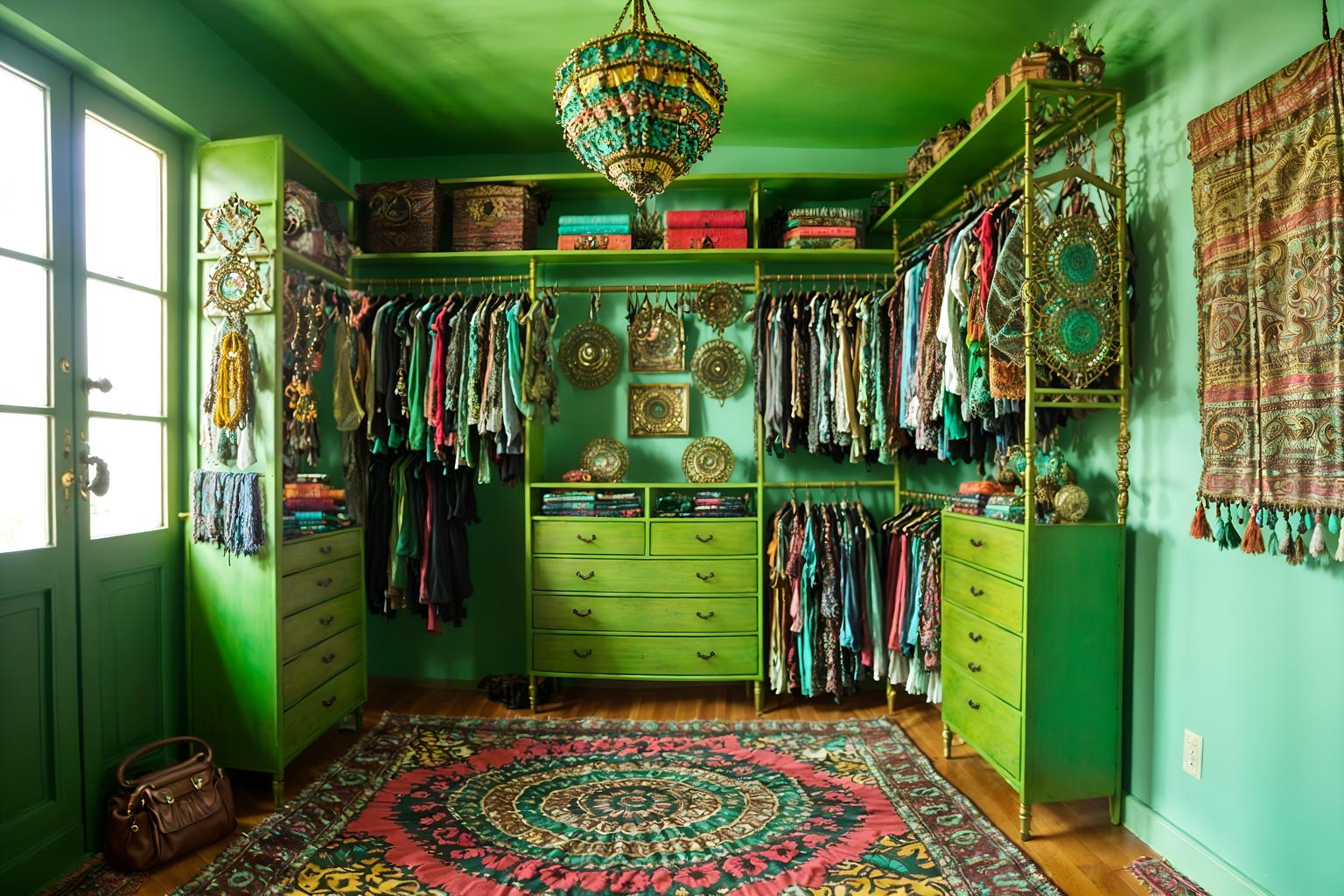 bohemian-style (walk in closet interior) . with mixed patterns and travel trinkets and playful textures and a lack of structure and bold colors and metals and lush green nature and bold patterns. . cinematic photo, highly detailed, cinematic lighting, ultra-detailed, ultrarealistic, photorealism, 8k. bohemian interior design style. masterpiece, cinematic light, ultrarealistic+, photorealistic+, 8k, raw photo, realistic, sharp focus on eyes, (symmetrical eyes), (intact eyes), hyperrealistic, highest quality, best quality, , highly detailed, masterpiece, best quality, extremely detailed 8k wallpaper, masterpiece, best quality, ultra-detailed, best shadow, detailed background, detailed face, detailed eyes, high contrast, best illumination, detailed face, dulux, caustic, dynamic angle, detailed glow. dramatic lighting. highly detailed, insanely detailed hair, symmetrical, intricate details, professionally retouched, 8k high definition. strong bokeh. award winning photo.